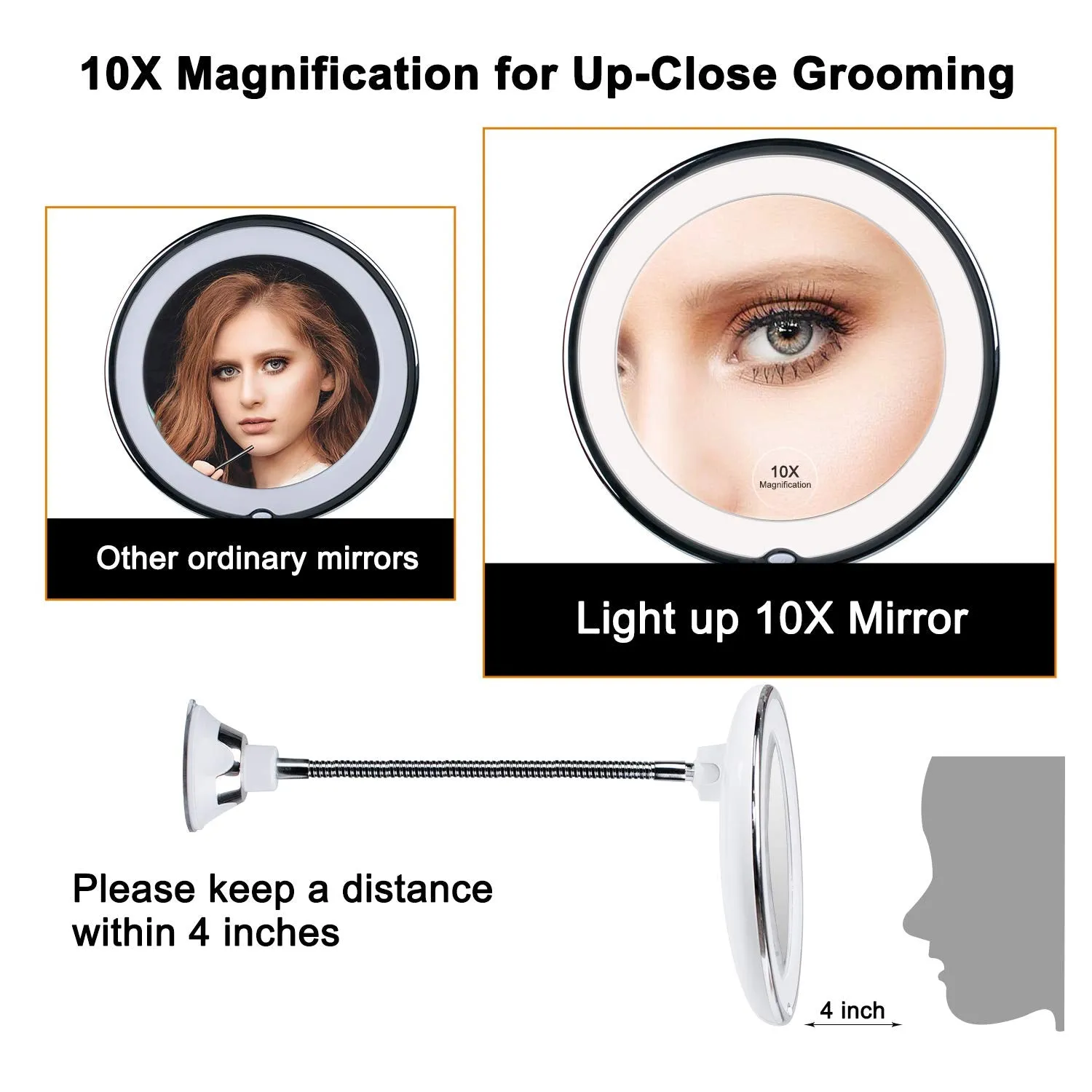 10X Magnifying Mirror with Lights, Flexible Mirror as seen on TV, Powerful Suction Cup, 360° Swivel Flexible Gooseneck Makeup Mirror for Bathroom Shaving Travel Vanity, Cordless 3A Battery (10x)