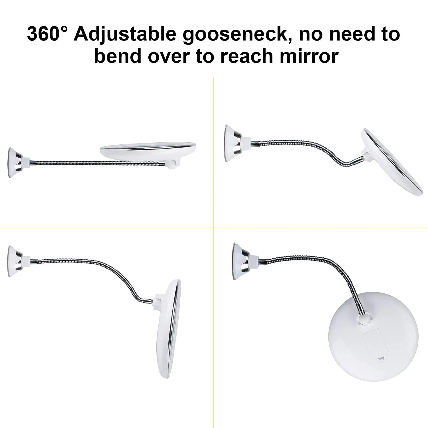 10X Magnifying Mirror with Lights, Flexible Mirror as seen on TV, Powerful Suction Cup, 360° Swivel Flexible Gooseneck Makeup Mirror for Bathroom Shaving Travel Vanity, Cordless 3A Battery (10x)