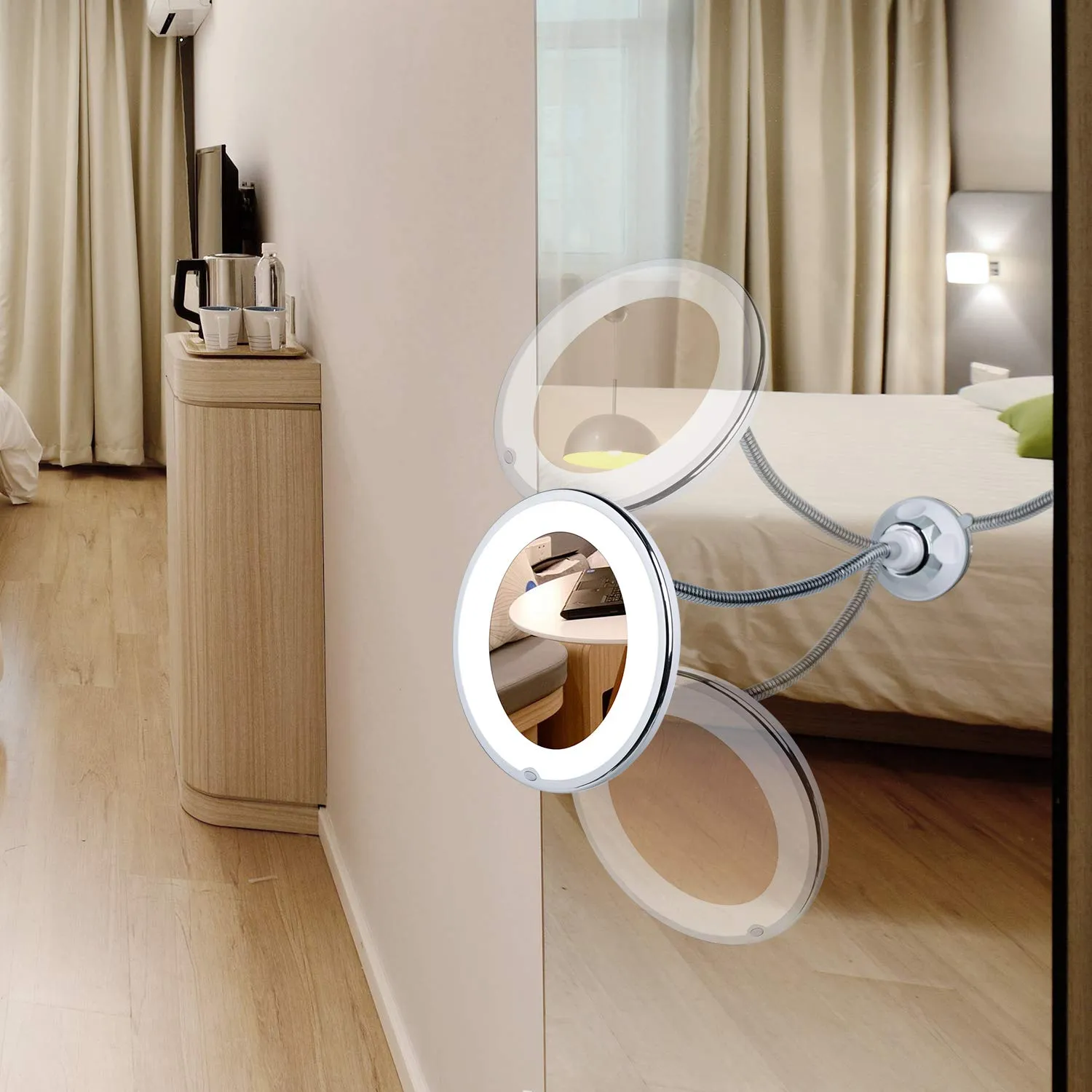 10X Magnifying Mirror with Lights, Flexible Mirror as seen on TV, Powerful Suction Cup, 360° Swivel Flexible Gooseneck Makeup Mirror for Bathroom Shaving Travel Vanity, Cordless 3A Battery (10x)