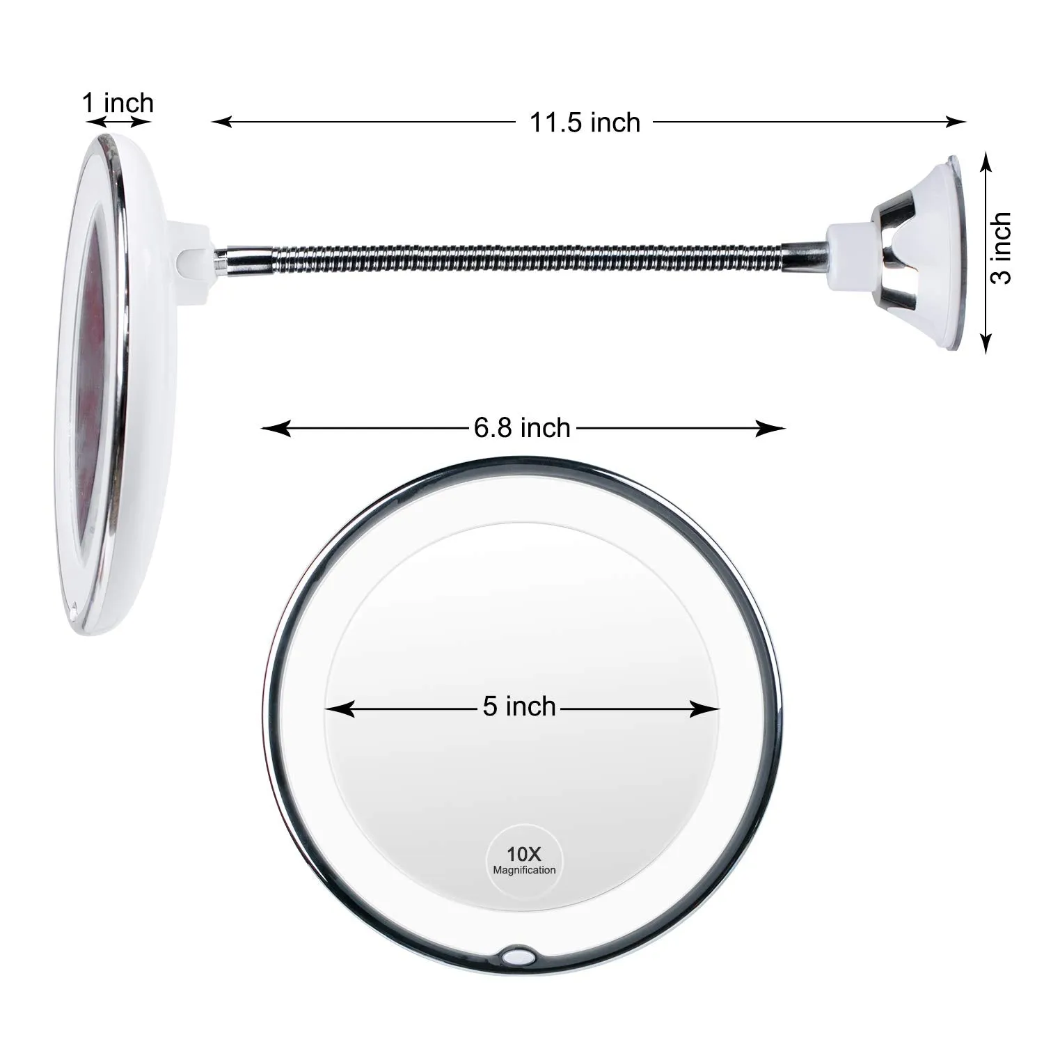 10X Magnifying Mirror with Lights, Flexible Mirror as seen on TV, Powerful Suction Cup, 360° Swivel Flexible Gooseneck Makeup Mirror for Bathroom Shaving Travel Vanity, Cordless 3A Battery (10x)