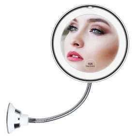 10X Magnifying Mirror with Lights, Flexible Mirror as seen on TV, Powerful Suction Cup, 360° Swivel Flexible Gooseneck Makeup Mirror for Bathroom Shaving Travel Vanity, Cordless 3A Battery (10x)