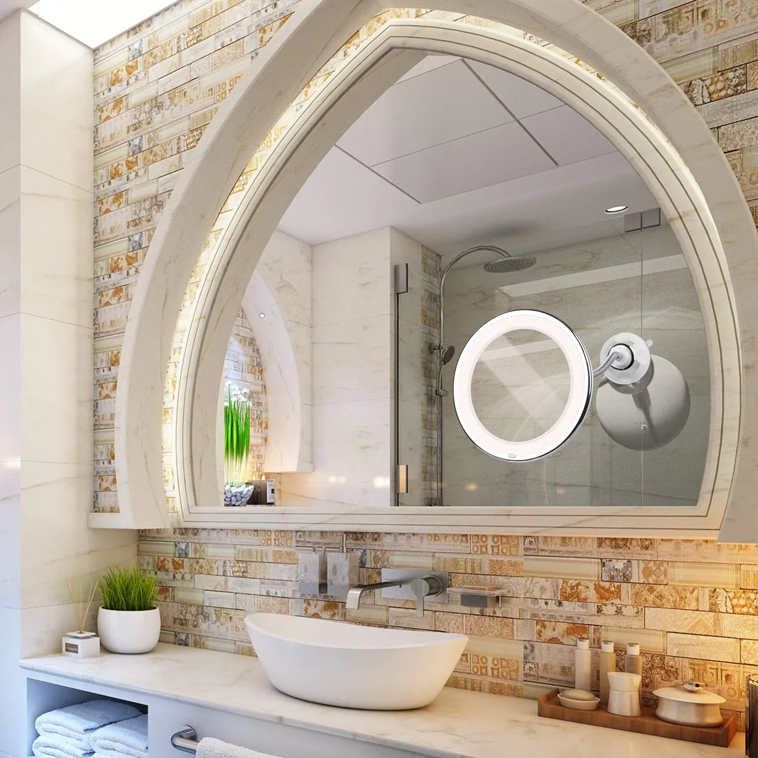 10X Magnifying Mirror with Lights, Flexible Mirror as seen on TV, Powerful Suction Cup, 360° Swivel Flexible Gooseneck Makeup Mirror for Bathroom Shaving Travel Vanity, Cordless 3A Battery (10x)
