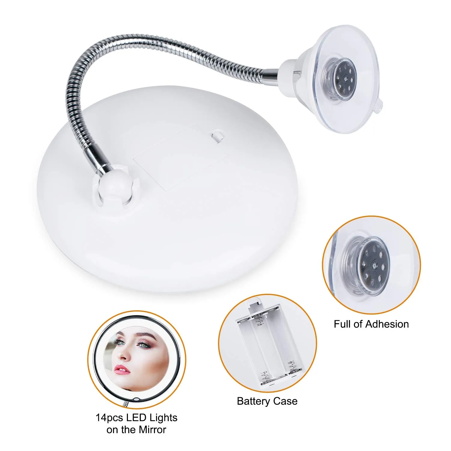 10X Magnifying Mirror with Lights, Flexible Mirror as seen on TV, Powerful Suction Cup, 360° Swivel Flexible Gooseneck Makeup Mirror for Bathroom Shaving Travel Vanity, Cordless 3A Battery (10x)