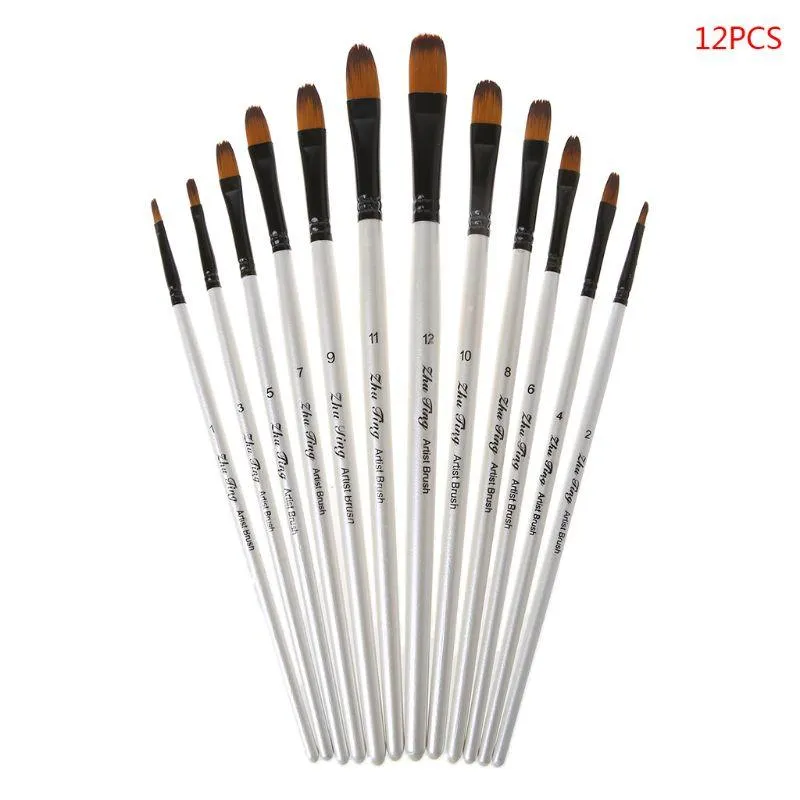 12Pcs- Artist Paint Brush Set Nylon Bristles Brushes for Watercolor Acrylic Oil Painting