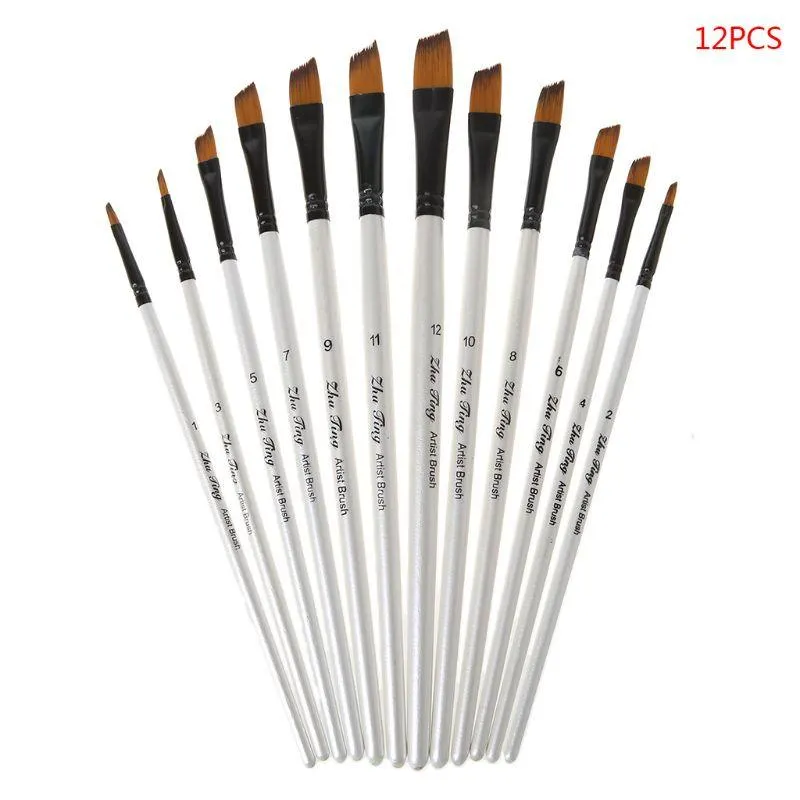 12Pcs- Artist Paint Brush Set Nylon Bristles Brushes for Watercolor Acrylic Oil Painting