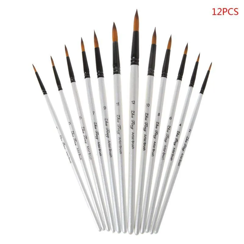 12Pcs- Artist Paint Brush Set Nylon Bristles Brushes for Watercolor Acrylic Oil Painting