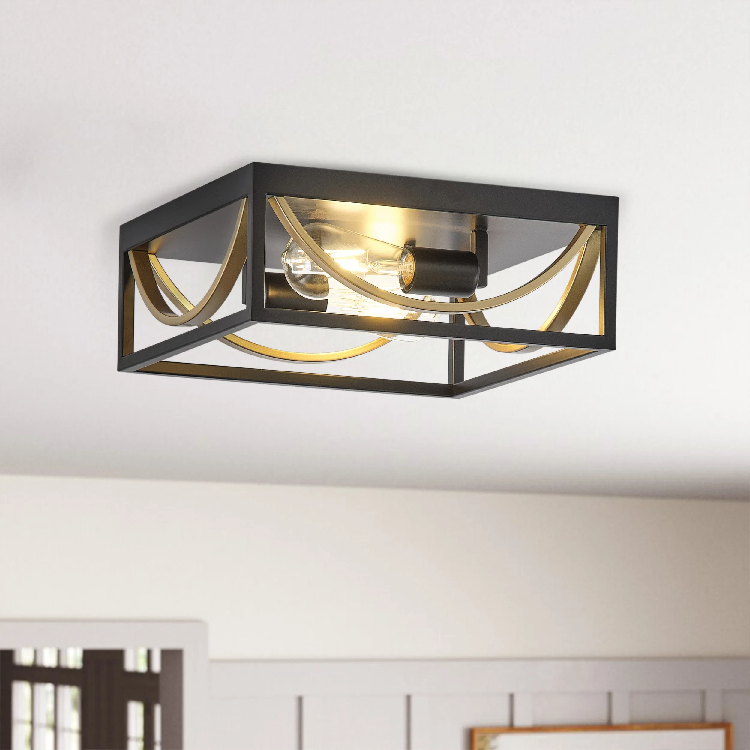 2-Lights Openwork Square Metal Frame Design Flush Mount Lighting