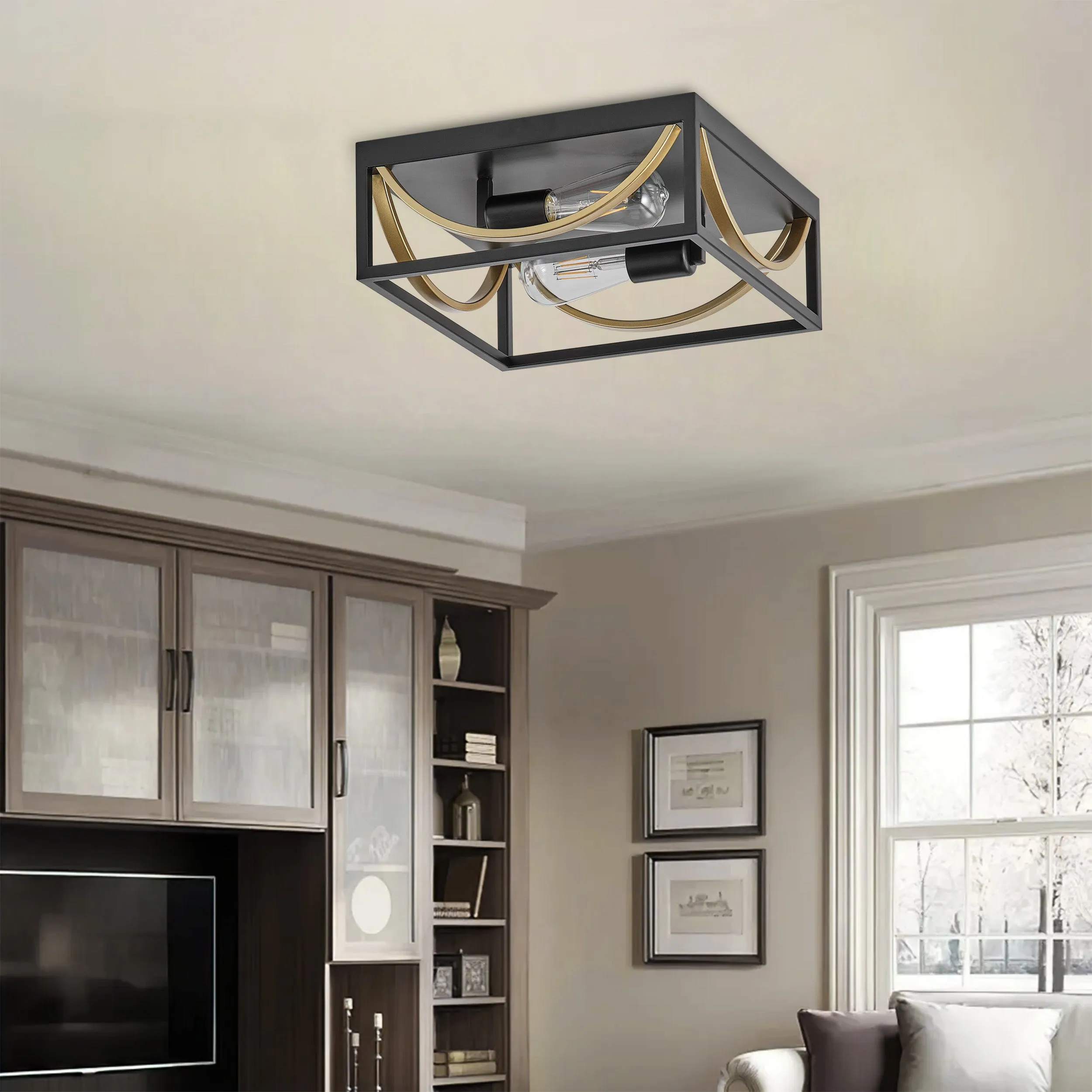 2-Lights Openwork Square Metal Frame Design Flush Mount Lighting