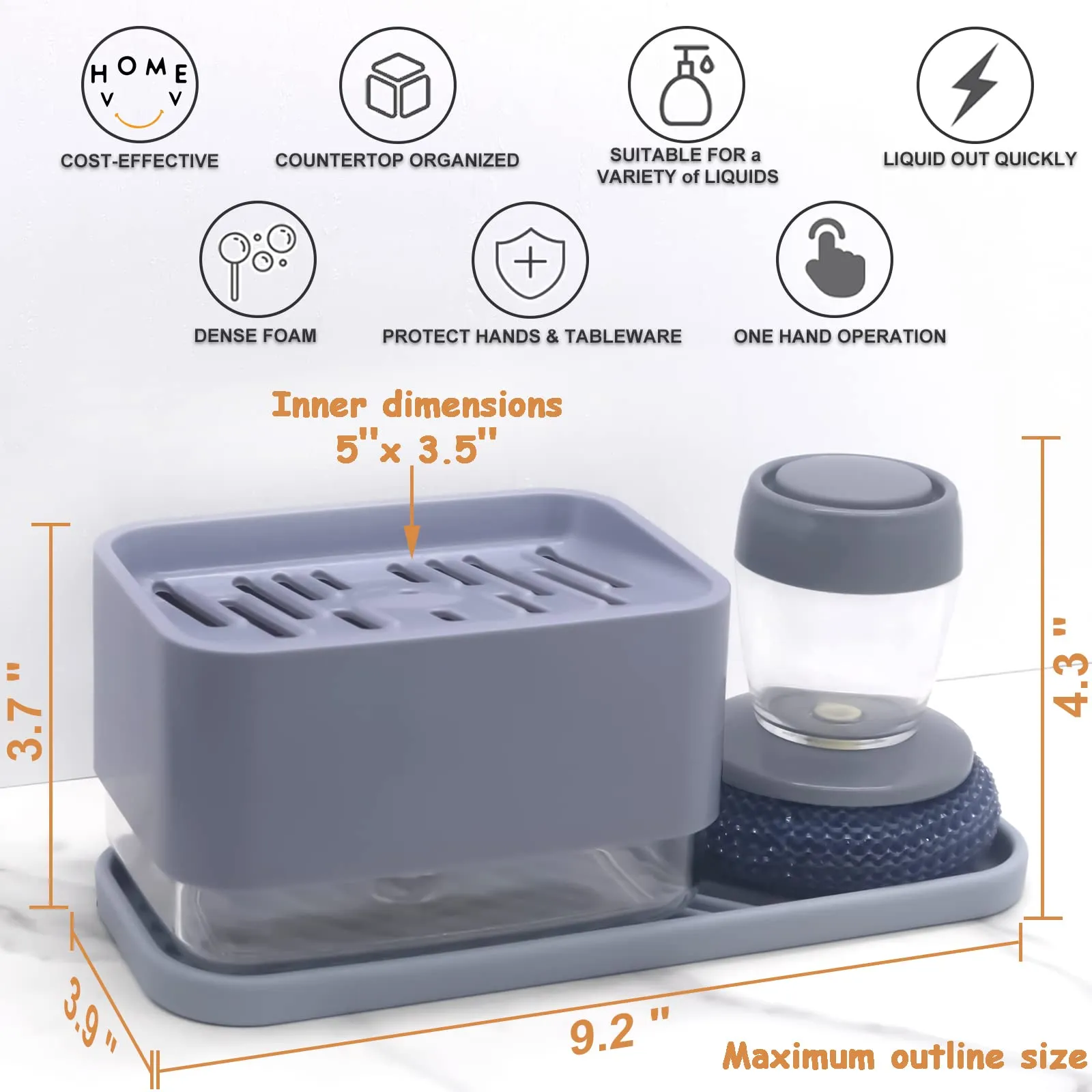 4 in 1 Dish Soap Dispenser and Sponge Holder Set for Kitchen Sink with Soap Dispensing Dish Brush, Sink Tray, Scrub Sponge, Replacement Brush Heads