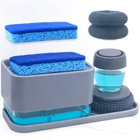 4 in 1 Dish Soap Dispenser and Sponge Holder Set for Kitchen Sink with Soap Dispensing Dish Brush, Sink Tray, Scrub Sponge, Replacement Brush Heads