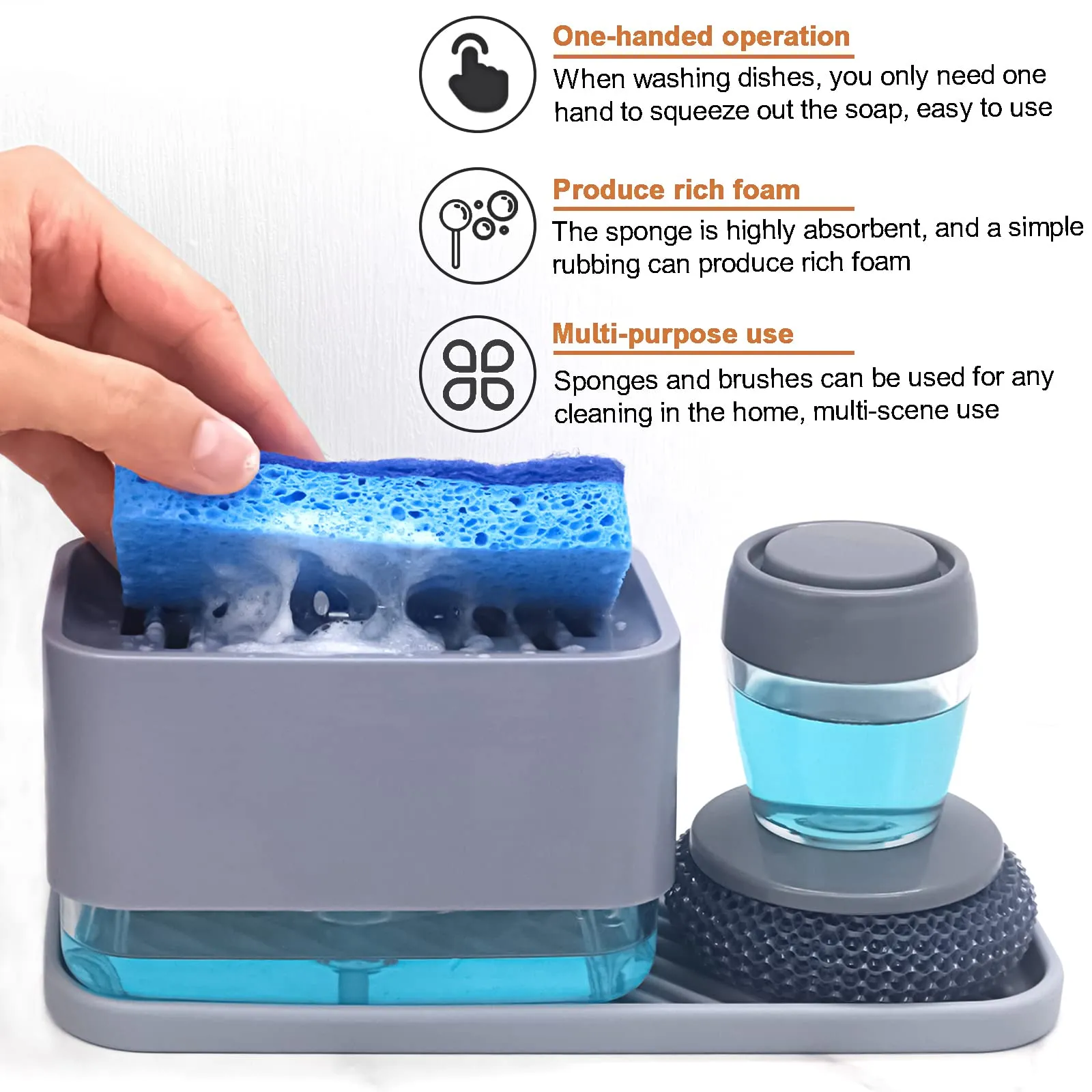 4 in 1 Dish Soap Dispenser and Sponge Holder Set for Kitchen Sink with Soap Dispensing Dish Brush, Sink Tray, Scrub Sponge, Replacement Brush Heads