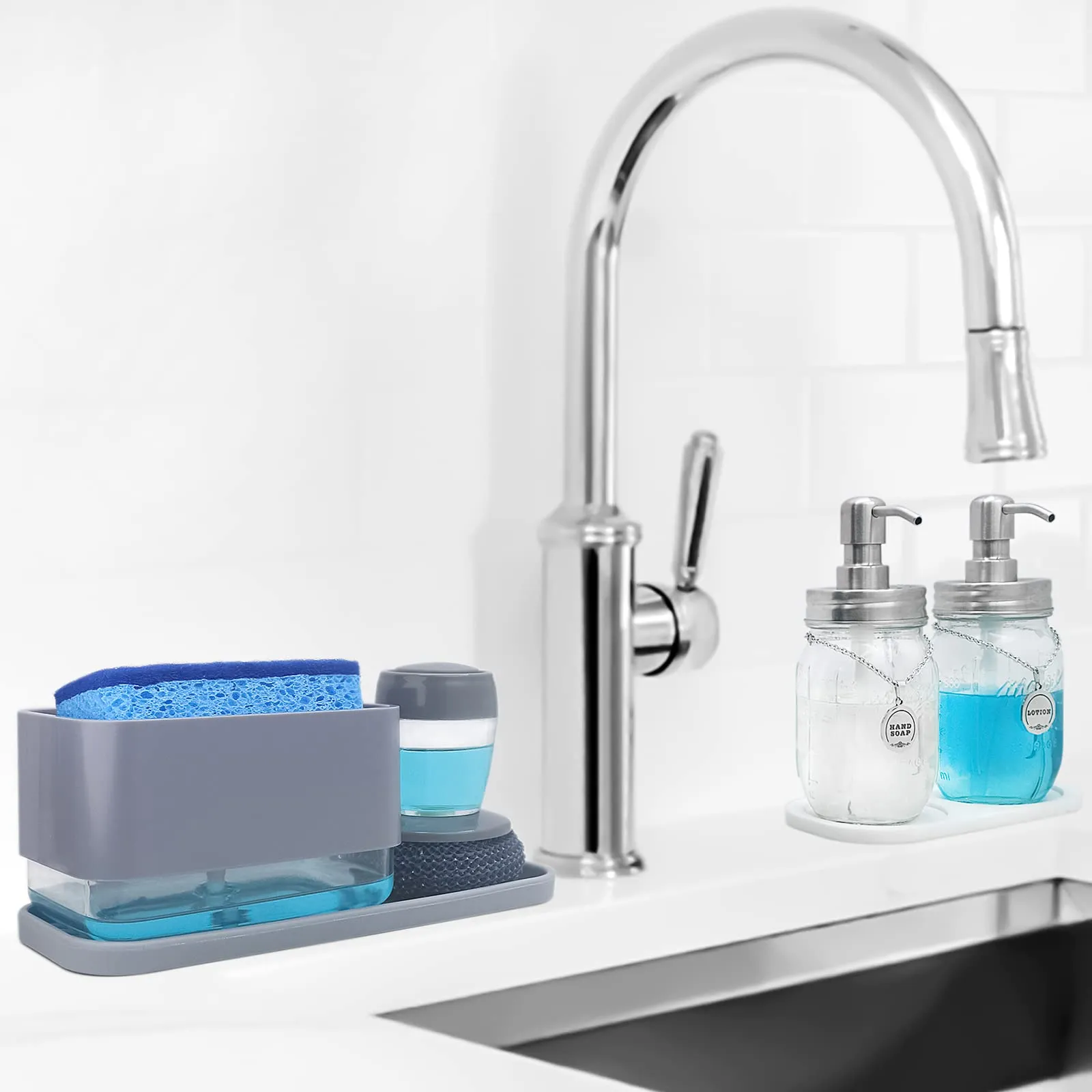 4 in 1 Dish Soap Dispenser and Sponge Holder Set for Kitchen Sink with Soap Dispensing Dish Brush, Sink Tray, Scrub Sponge, Replacement Brush Heads