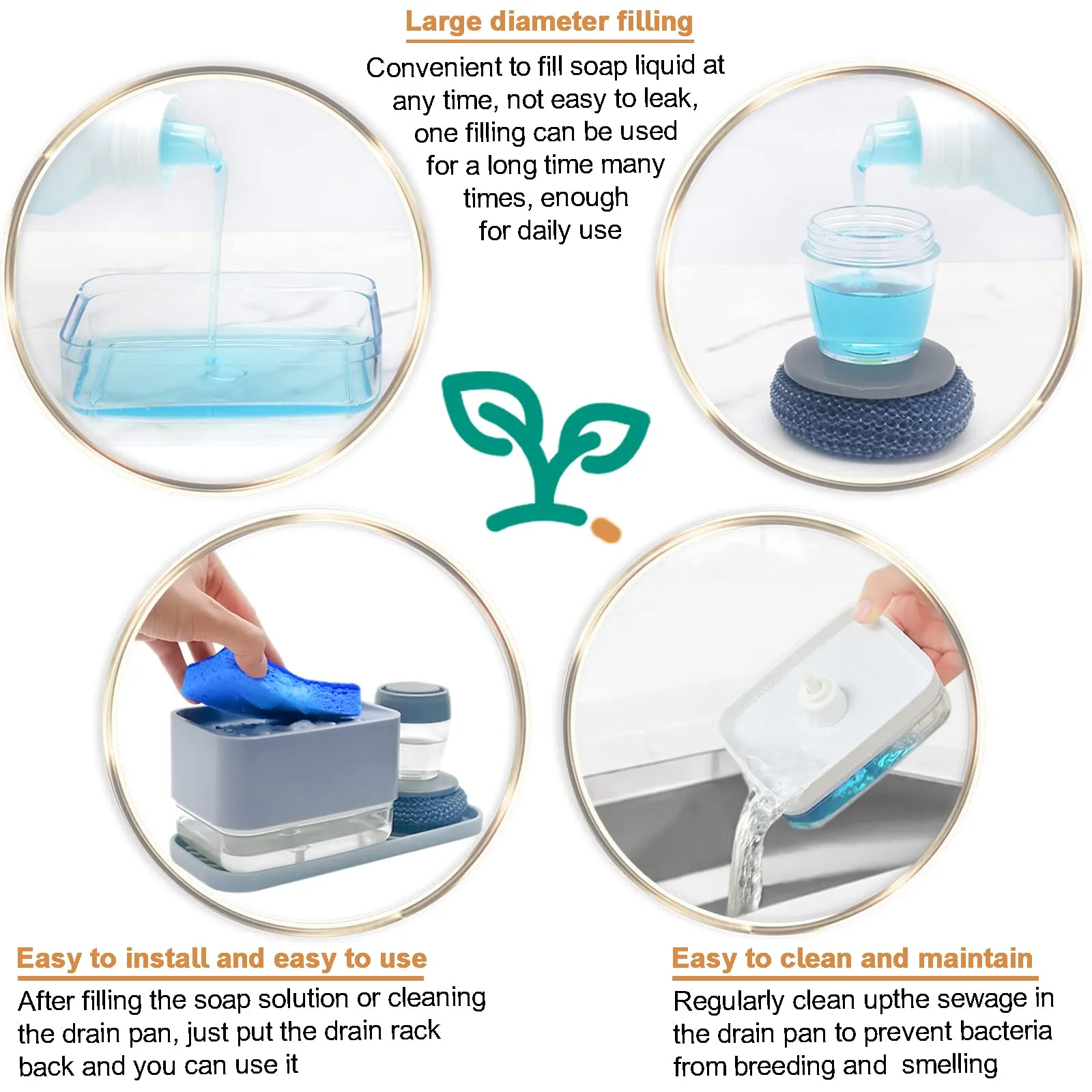 4 in 1 Dish Soap Dispenser and Sponge Holder Set for Kitchen Sink with Soap Dispensing Dish Brush, Sink Tray, Scrub Sponge, Replacement Brush Heads