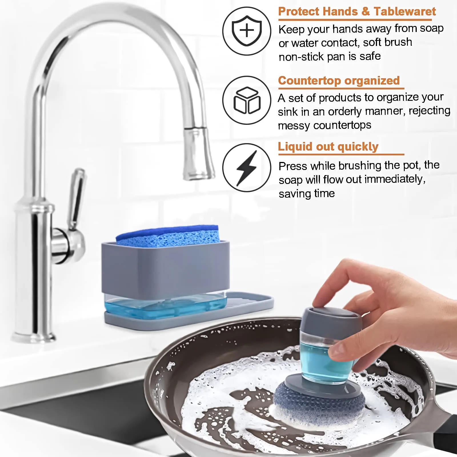 4 in 1 Dish Soap Dispenser and Sponge Holder Set for Kitchen Sink with Soap Dispensing Dish Brush, Sink Tray, Scrub Sponge, Replacement Brush Heads