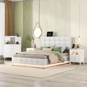 4-Pieces Bedroom Sets Queen Size Upholstered Bed with LED Lights and HydraulicStorage System,Two Nightstands with USB Charging Station and LED lights,Vanity with Mirror and Retractable Table,White
