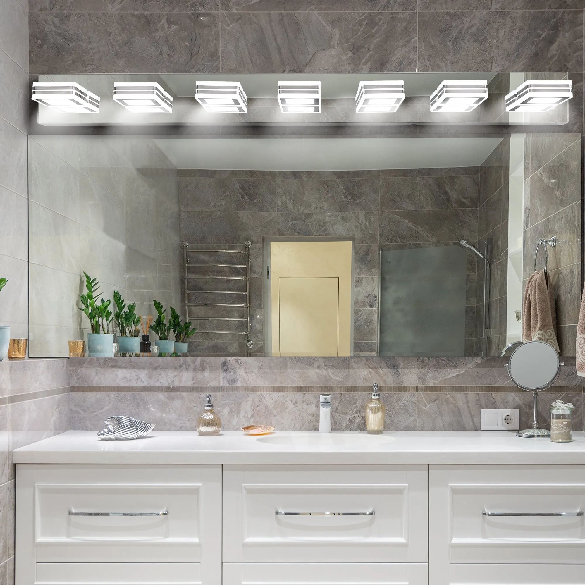 45.3" LED Modern Chrome Vanity Light Bathroom Acrylic Mirror Front Light Rectangular 7 Lights