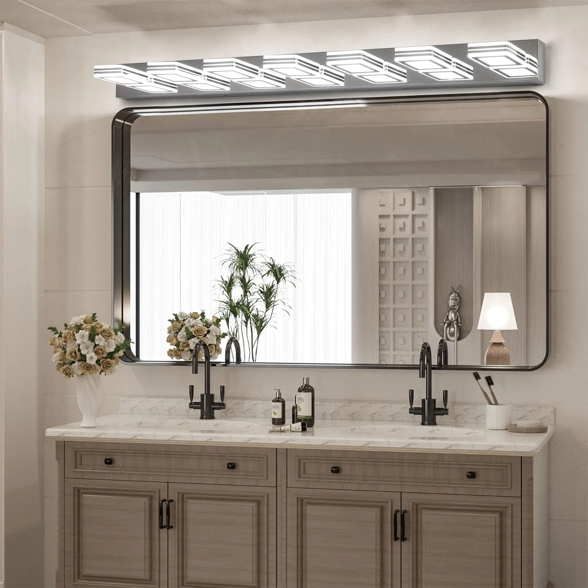 45.3" LED Modern Chrome Vanity Light Bathroom Acrylic Mirror Front Light Rectangular 7 Lights