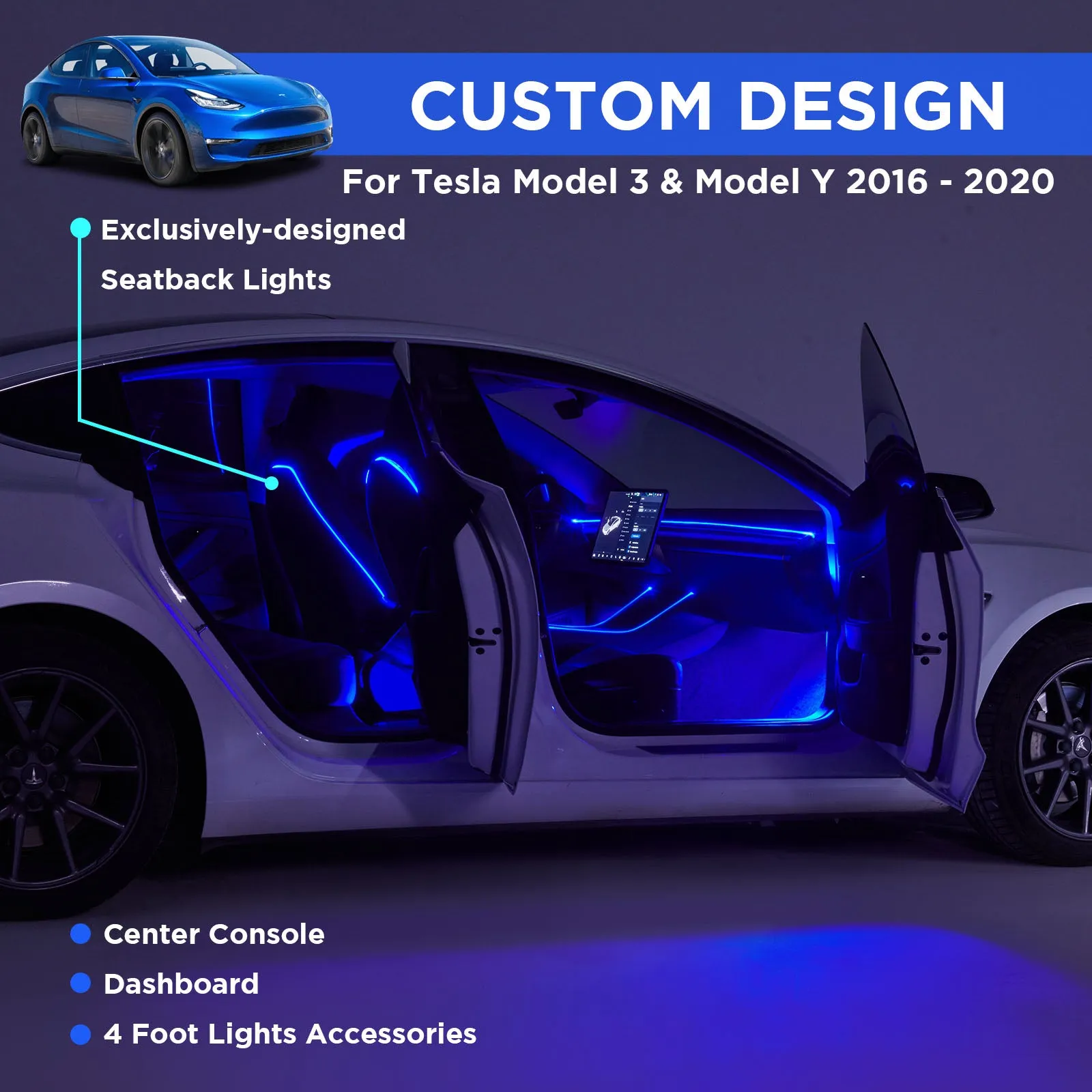 5Nestour 2016-2020 Tesla Model 3 Y Interior Car Neon Lights (Center Console Dashboard Seat Back 4 Foot Lights) with Matching Armrest Organizer