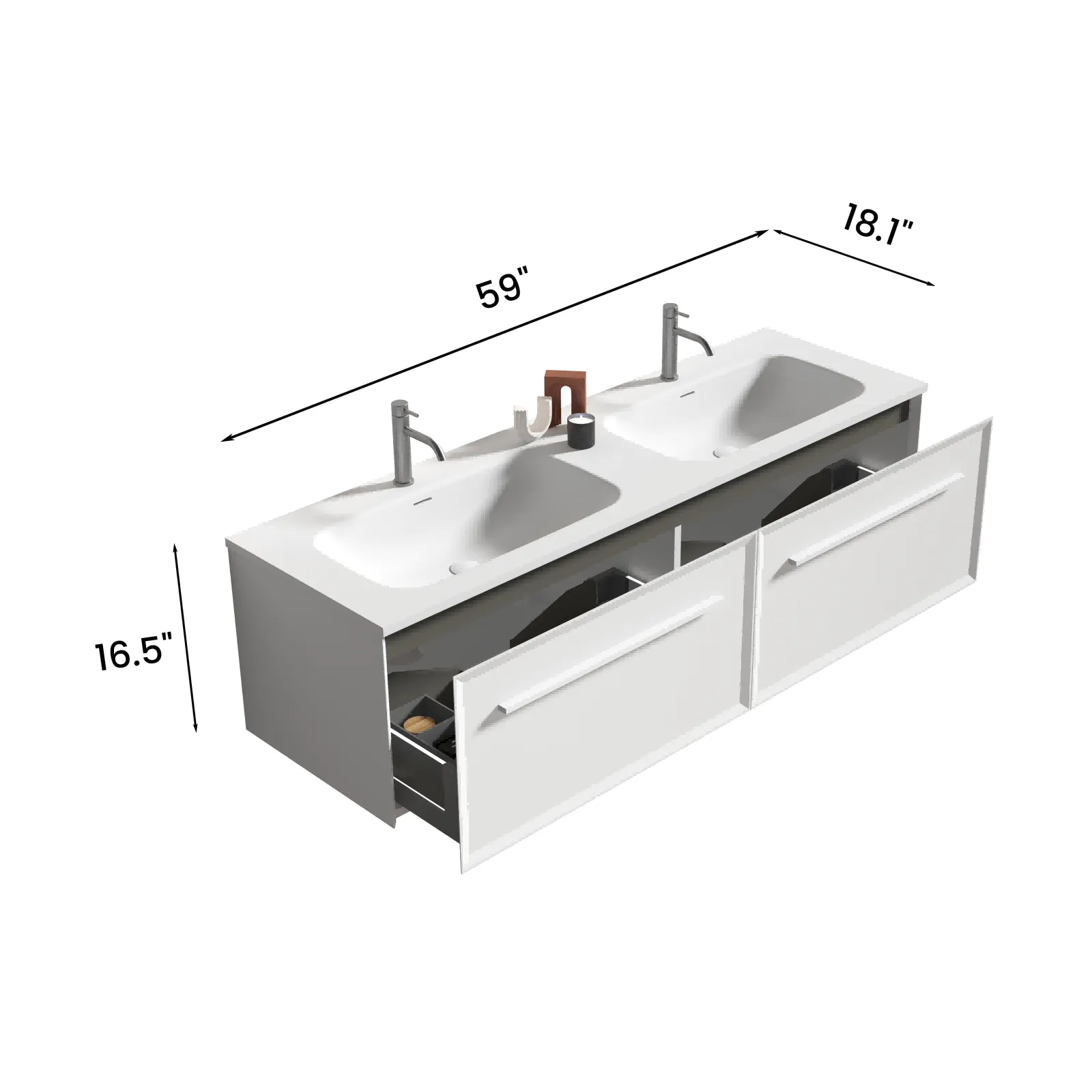 60" Wall Mounted Bathroom Storage Vanity with Double Undermount Sink & LED