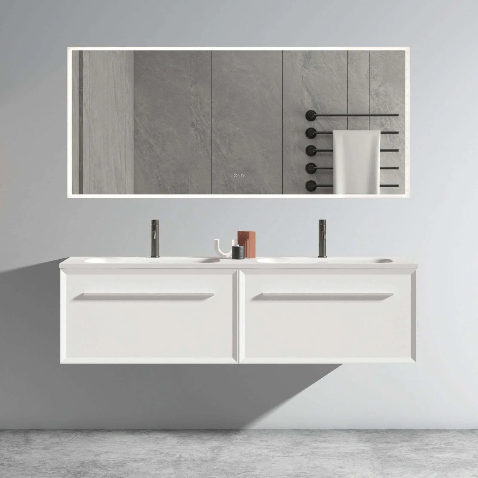 60" Wall Mounted Bathroom Storage Vanity with Double Undermount Sink & LED