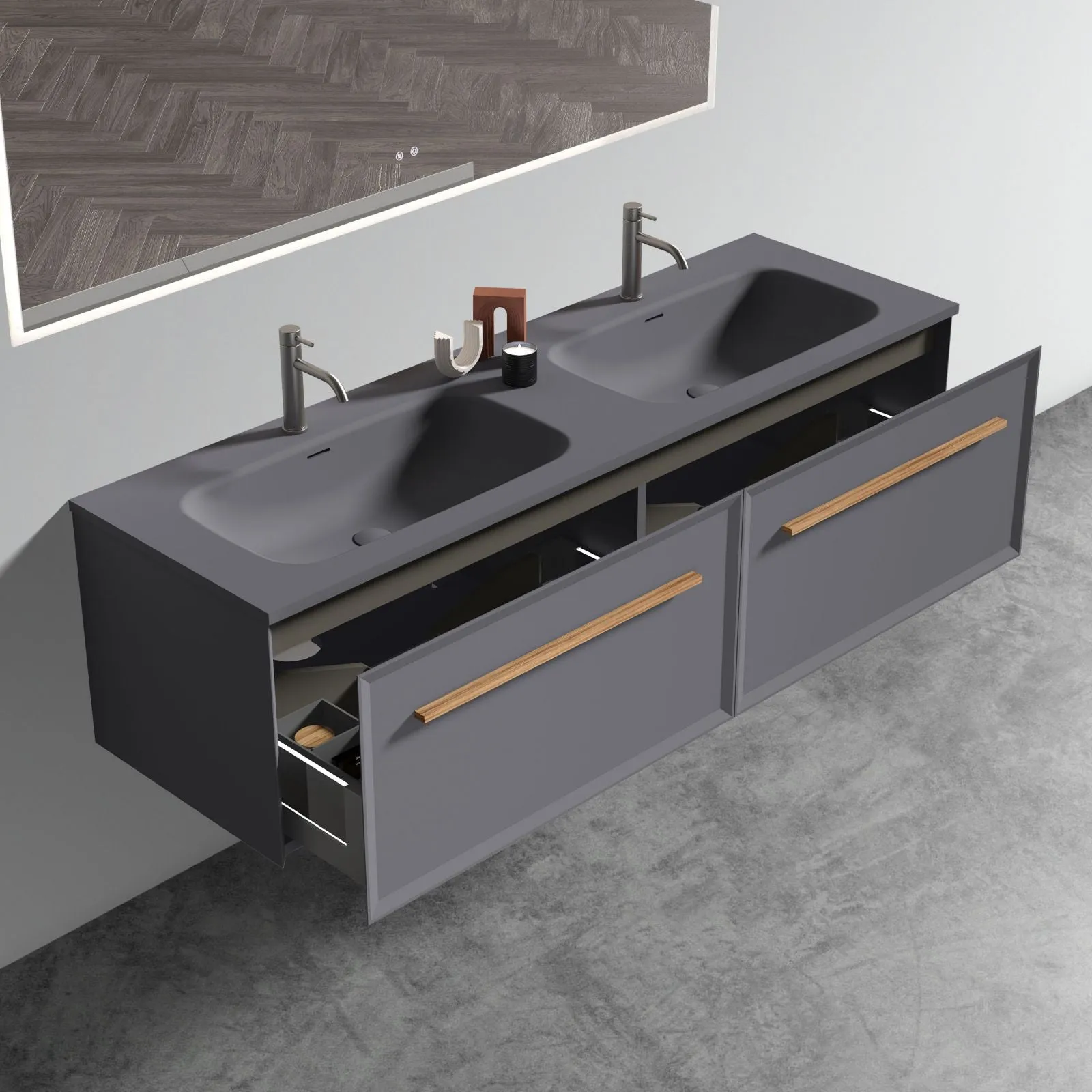 60" Wall Mounted Bathroom Storage Vanity with Double Undermount Sink & LED
