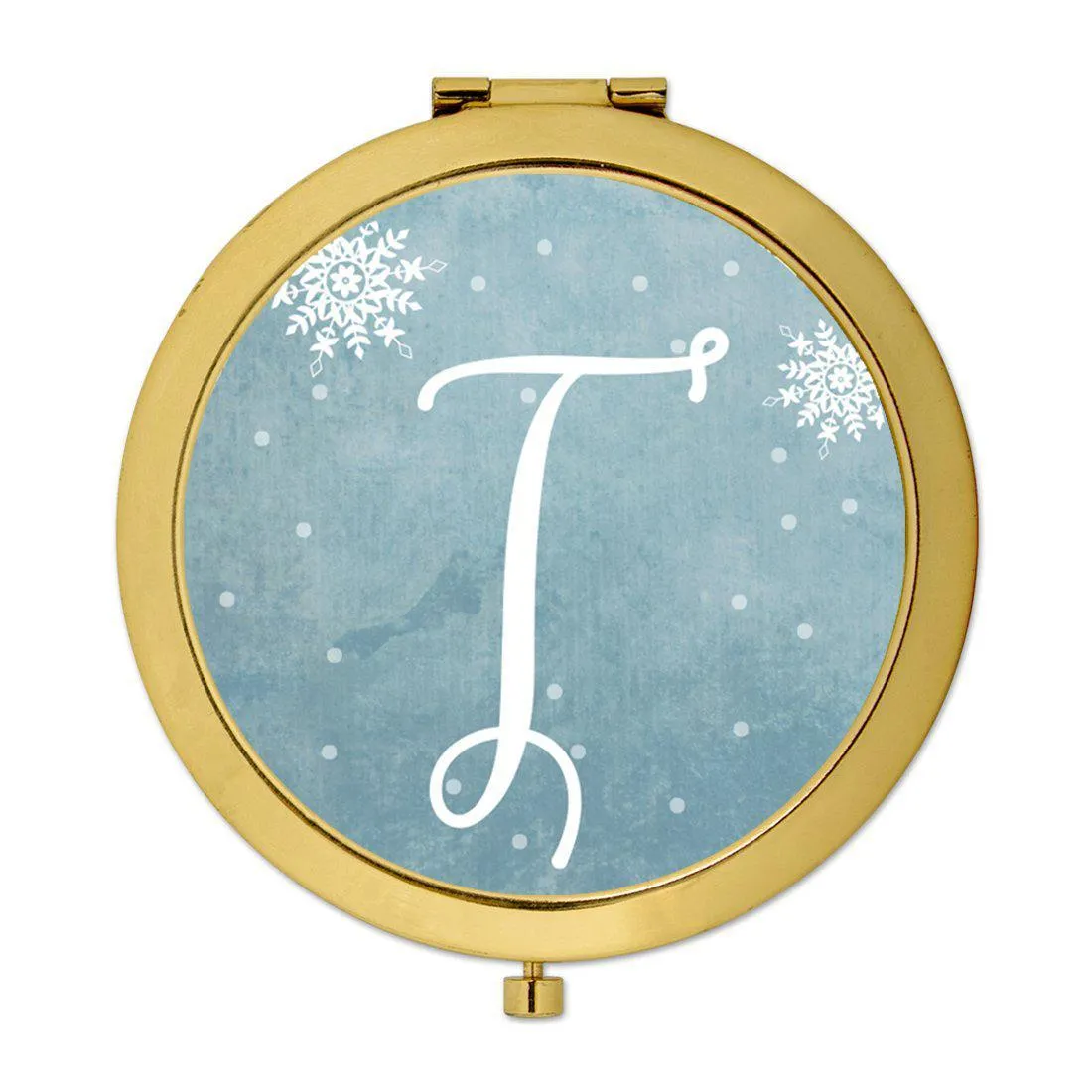 Andaz Press Blue Winter Snowflakes Monogram Gold 2.75 inch Round Compact Mirror