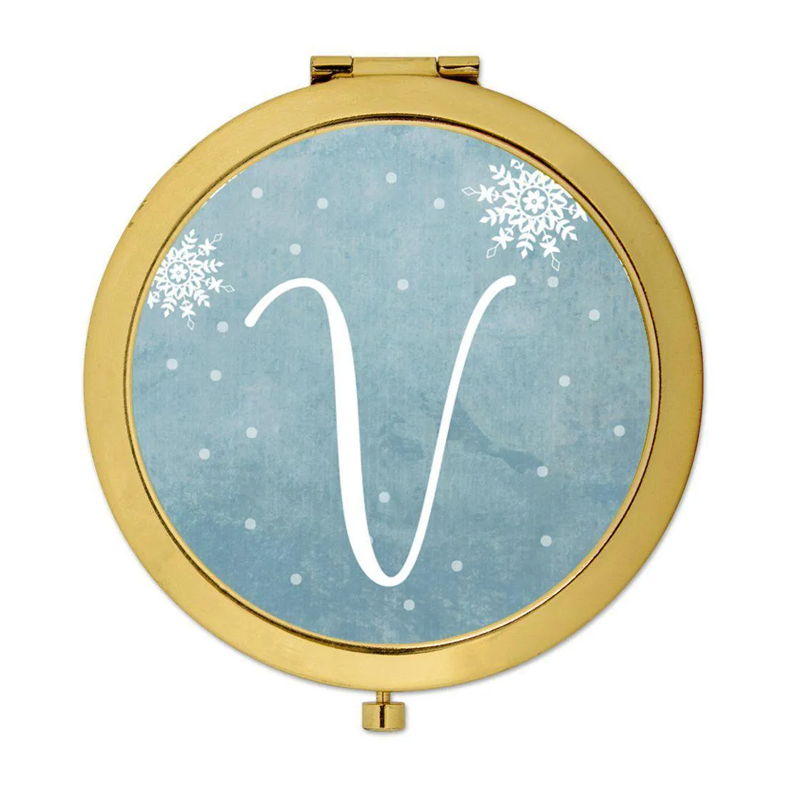 Andaz Press Blue Winter Snowflakes Monogram Gold 2.75 inch Round Compact Mirror