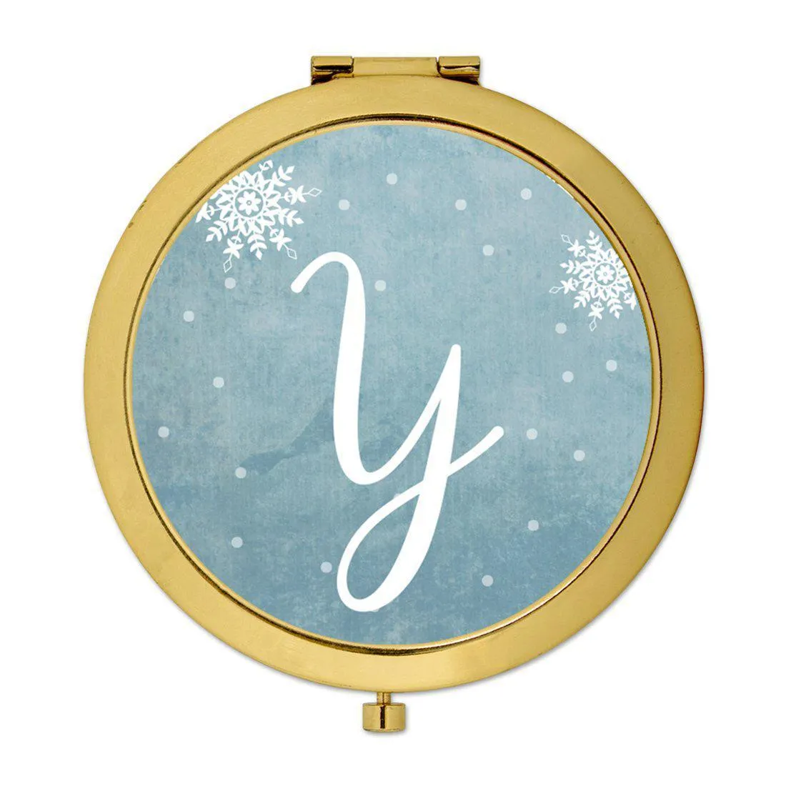 Andaz Press Blue Winter Snowflakes Monogram Gold 2.75 inch Round Compact Mirror