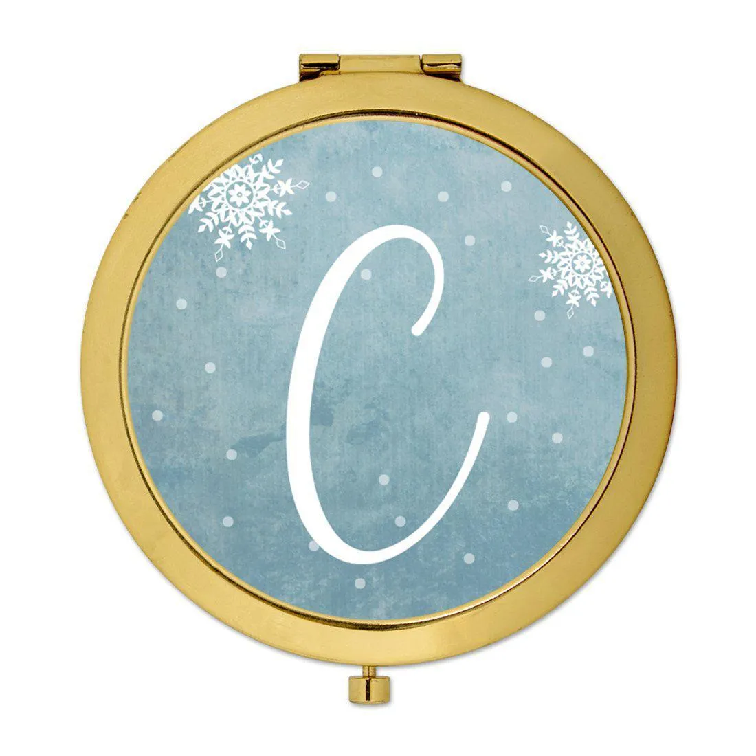 Andaz Press Blue Winter Snowflakes Monogram Gold 2.75 inch Round Compact Mirror