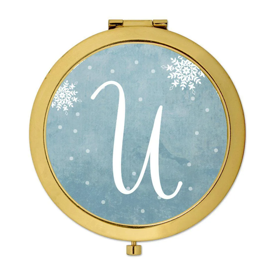 Andaz Press Blue Winter Snowflakes Monogram Gold 2.75 inch Round Compact Mirror
