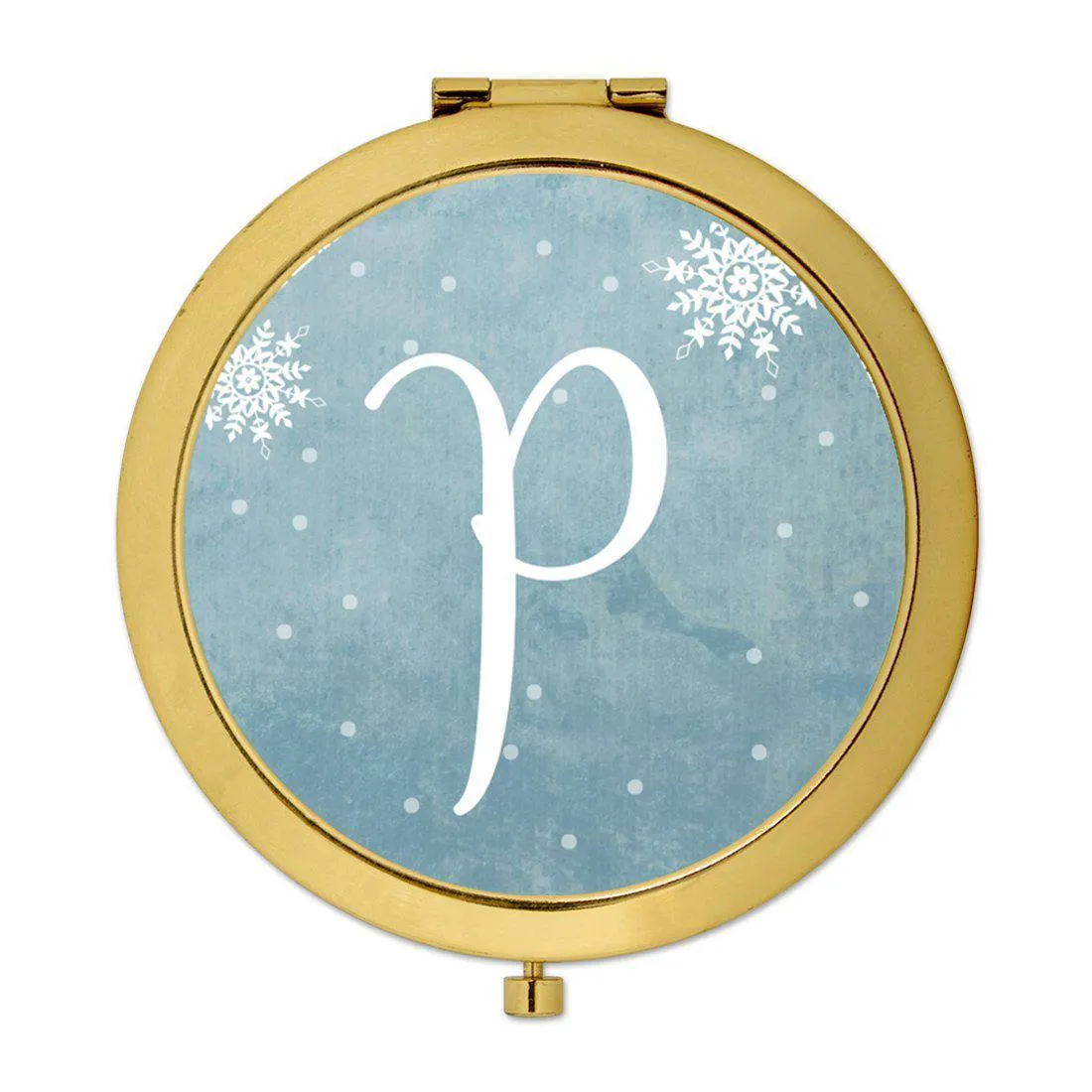 Andaz Press Blue Winter Snowflakes Monogram Gold 2.75 inch Round Compact Mirror