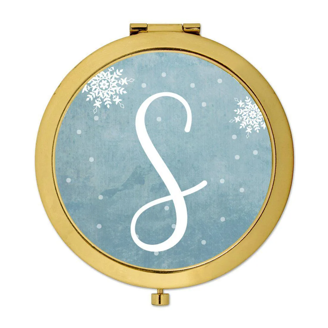 Andaz Press Blue Winter Snowflakes Monogram Gold 2.75 inch Round Compact Mirror