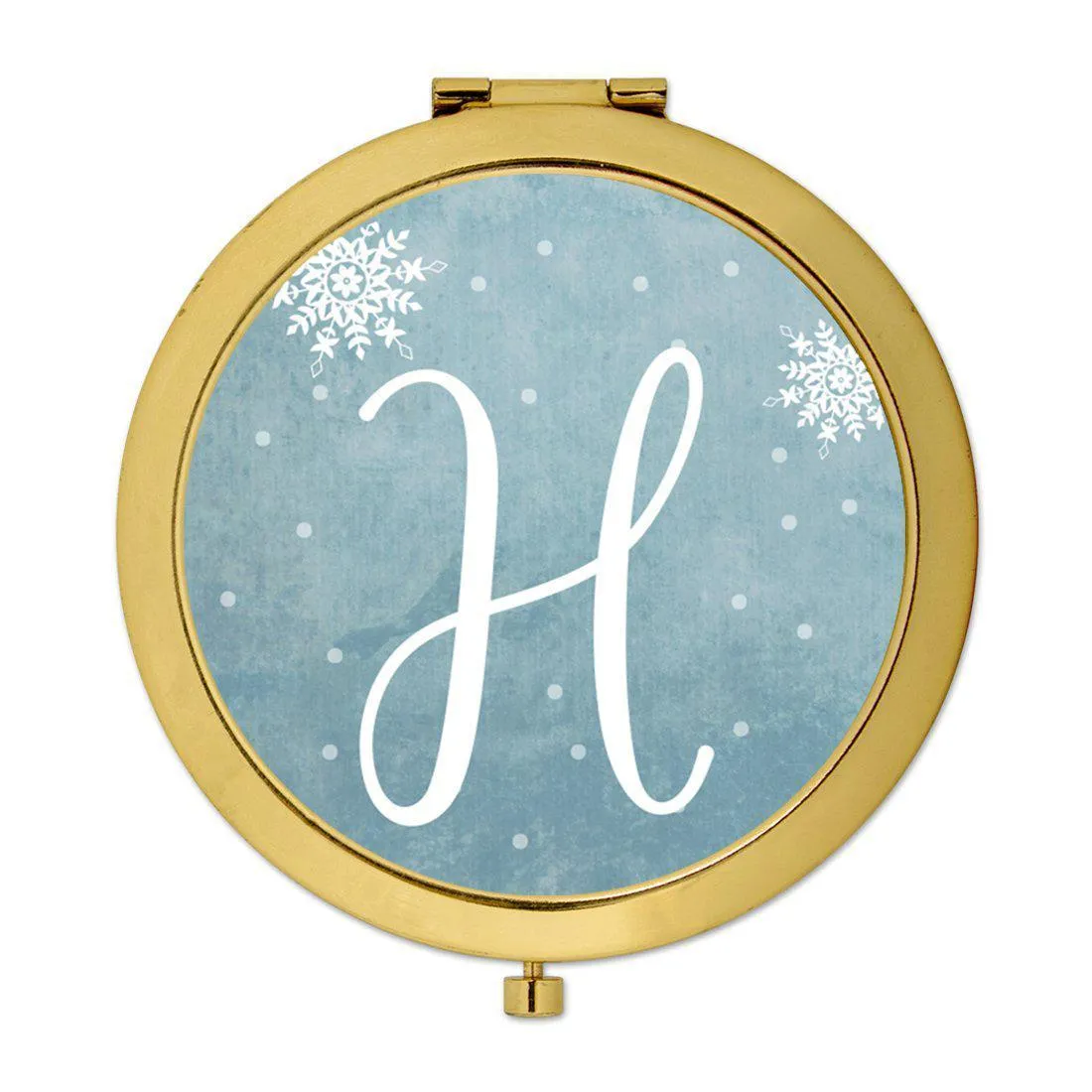 Andaz Press Blue Winter Snowflakes Monogram Gold 2.75 inch Round Compact Mirror