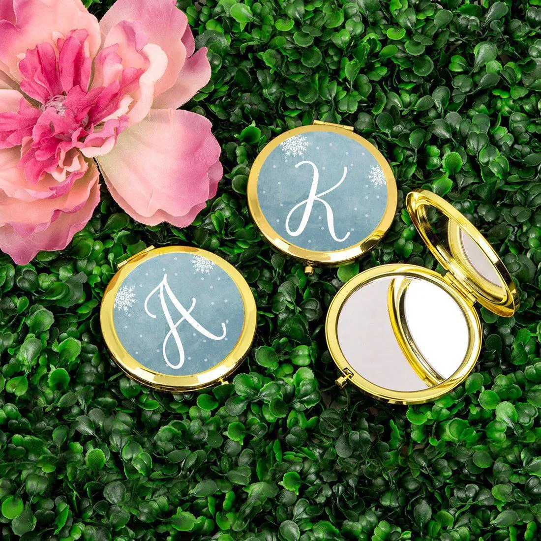 Andaz Press Blue Winter Snowflakes Monogram Gold 2.75 inch Round Compact Mirror