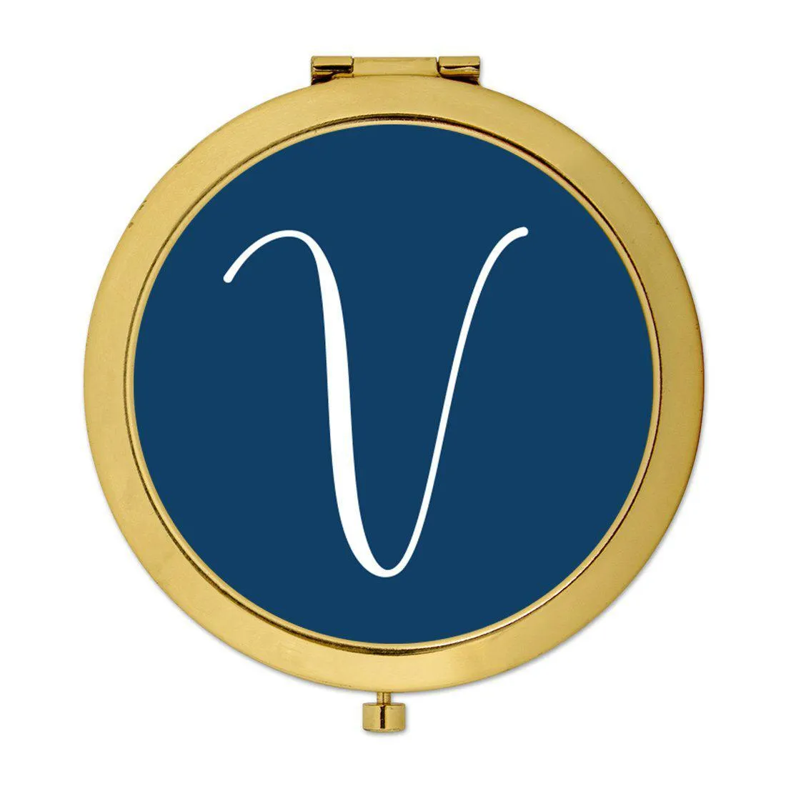 Andaz Press Navy Blue Monogram Gold 2.75 inch Round Compact Mirror