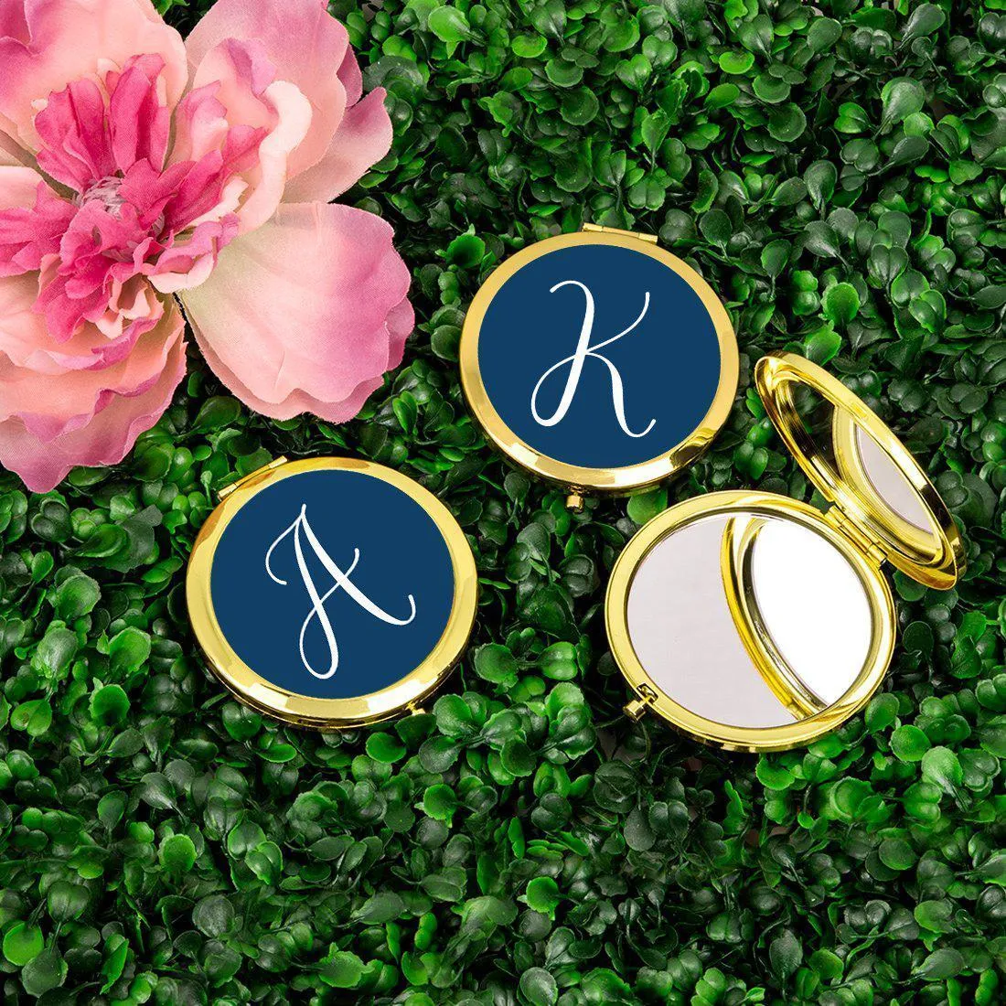 Andaz Press Navy Blue Monogram Gold 2.75 inch Round Compact Mirror