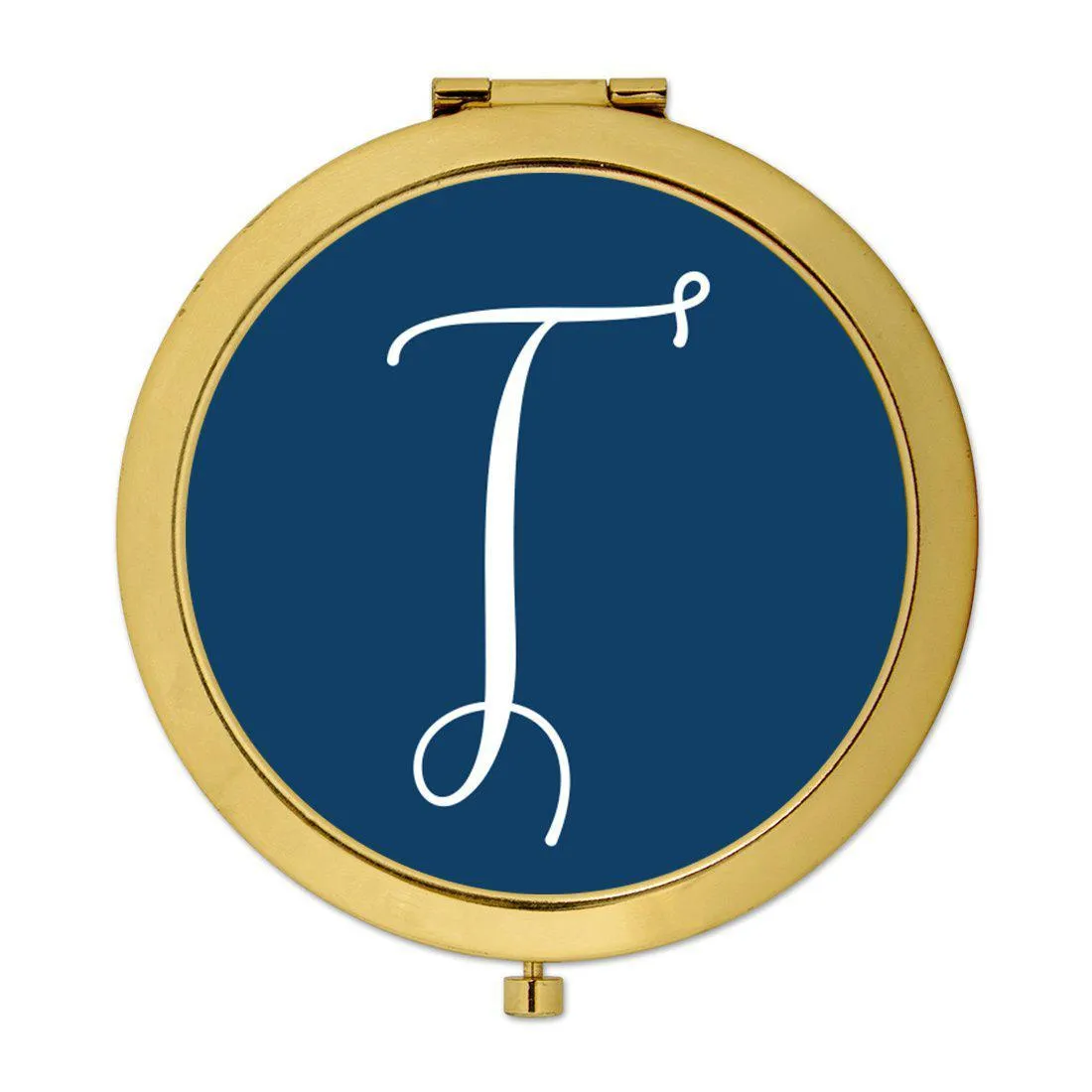 Andaz Press Navy Blue Monogram Gold 2.75 inch Round Compact Mirror