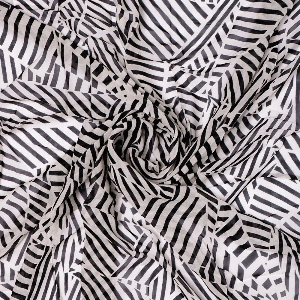 Attractive Black Strips With Bone Colour Digital Printed Fabric - Pure Georgette
