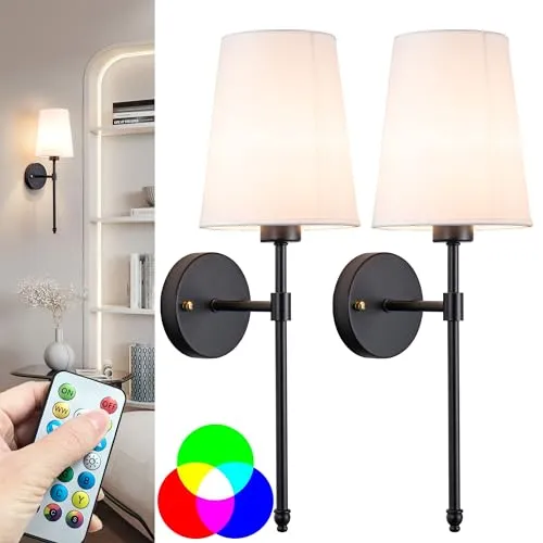 Battery Operated Wall Sconce Light with Remote Control, Dimmable Set of 2 White Fabric Shade, Indoor Wireless Lamp For Bedroom Living Room, Bulb Included (