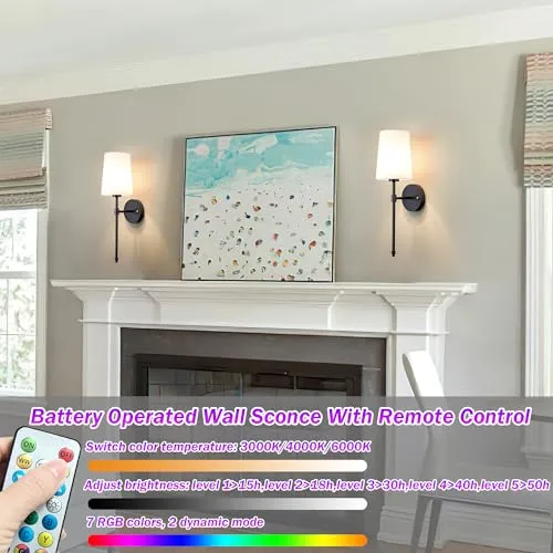 Battery Operated Wall Sconce Light with Remote Control, Dimmable Set of 2 White Fabric Shade, Indoor Wireless Lamp For Bedroom Living Room, Bulb Included (