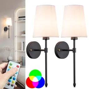 Battery Operated Wall Sconce Light with Remote Control, Dimmable Set of 2 White Fabric Shade, Indoor Wireless Lamp For Bedroom Living Room, Bulb Included (