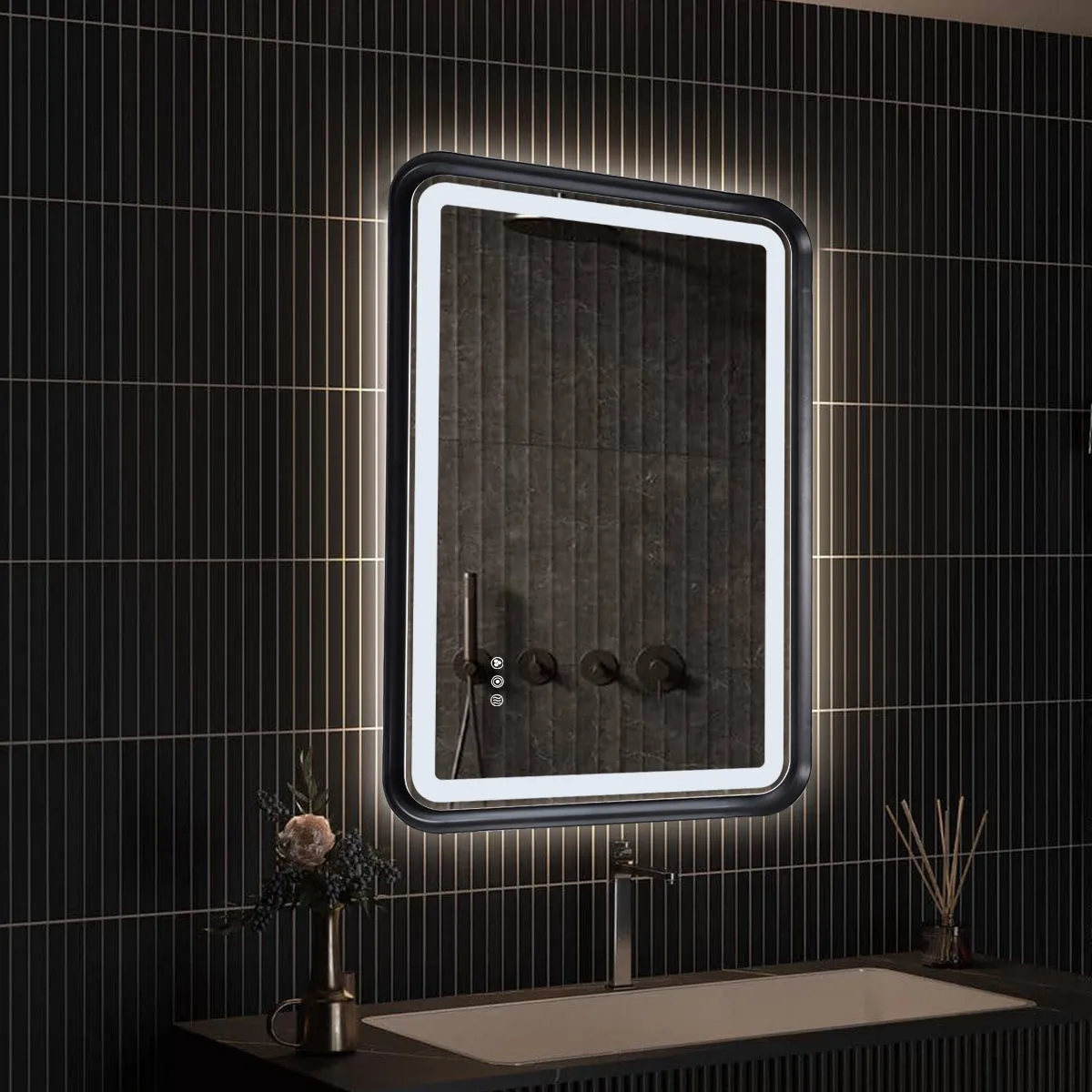 Black Belved Framed Bathroom Mirror With Lights, Led Mirror For Dual Front & Back Lights, Defogging & Memory