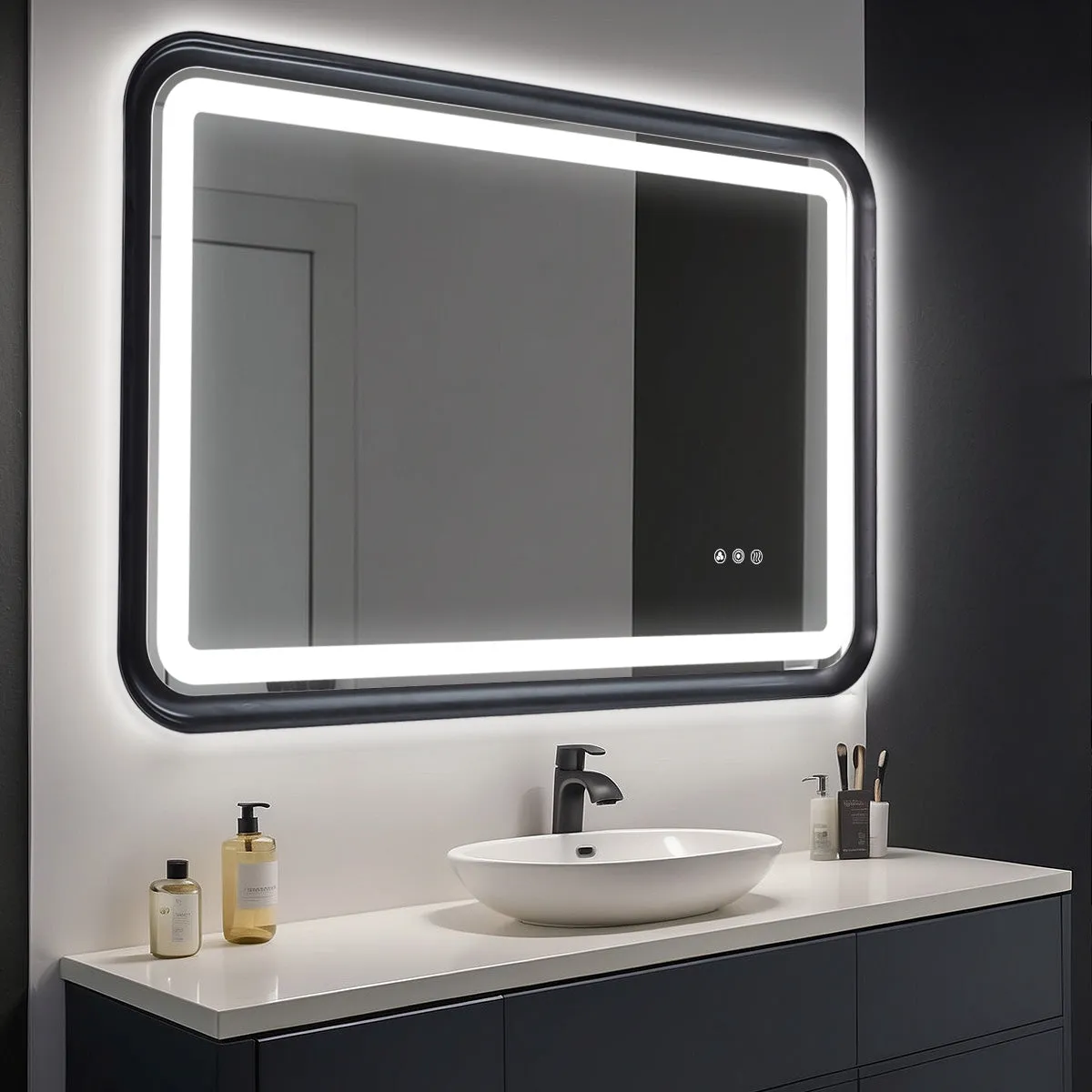 Black Belved Framed Bathroom Mirror With Lights, Led Mirror For Dual Front & Back Lights, Defogging & Memory