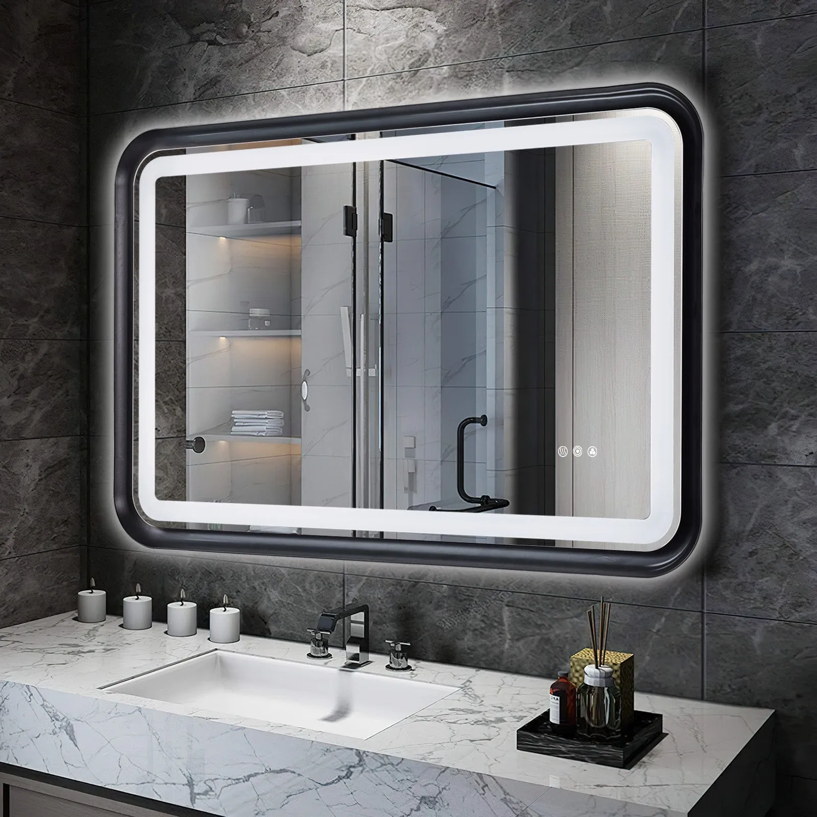 Black Belved Framed Bathroom Mirror With Lights, Led Mirror For Dual Front & Back Lights, Defogging & Memory