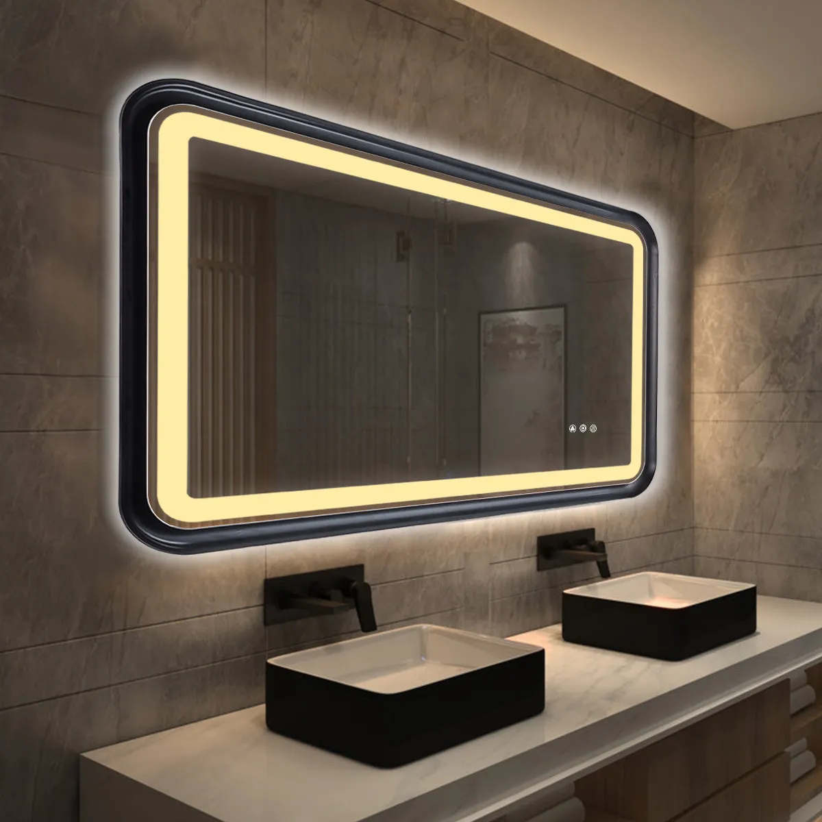 Black Belved Framed Bathroom Mirror With Lights, Led Mirror For Dual Front & Back Lights, Defogging & Memory