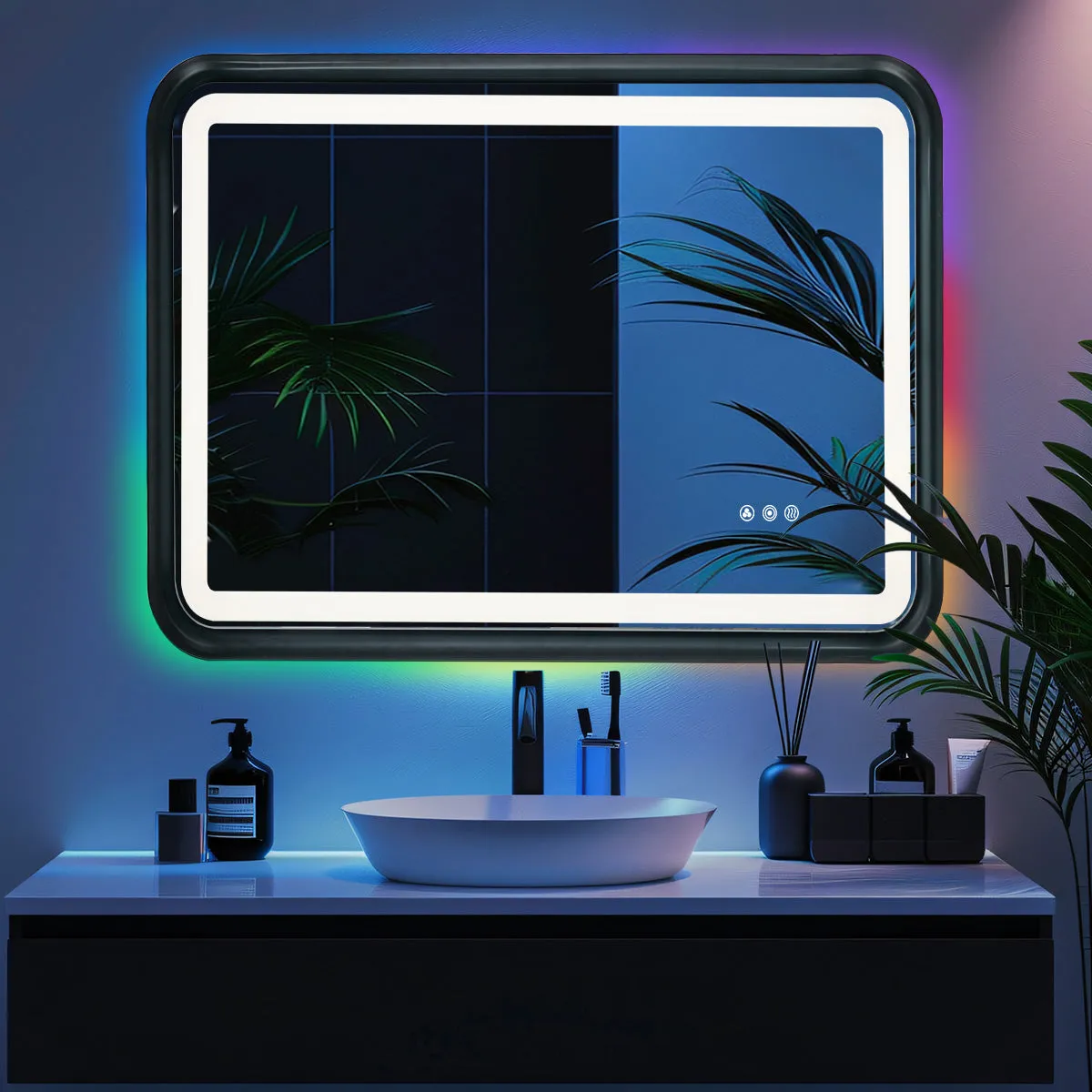 Black Belved Framed Bathroom Mirror With Lights, Led Mirror For Dual Front & Back Lights, Defogging & Memory