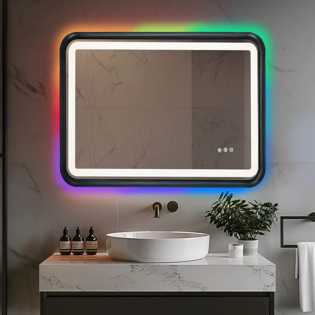 Black Belved Framed Bathroom Mirror With Lights, Led Mirror For Dual Front & Back Lights, Defogging & Memory