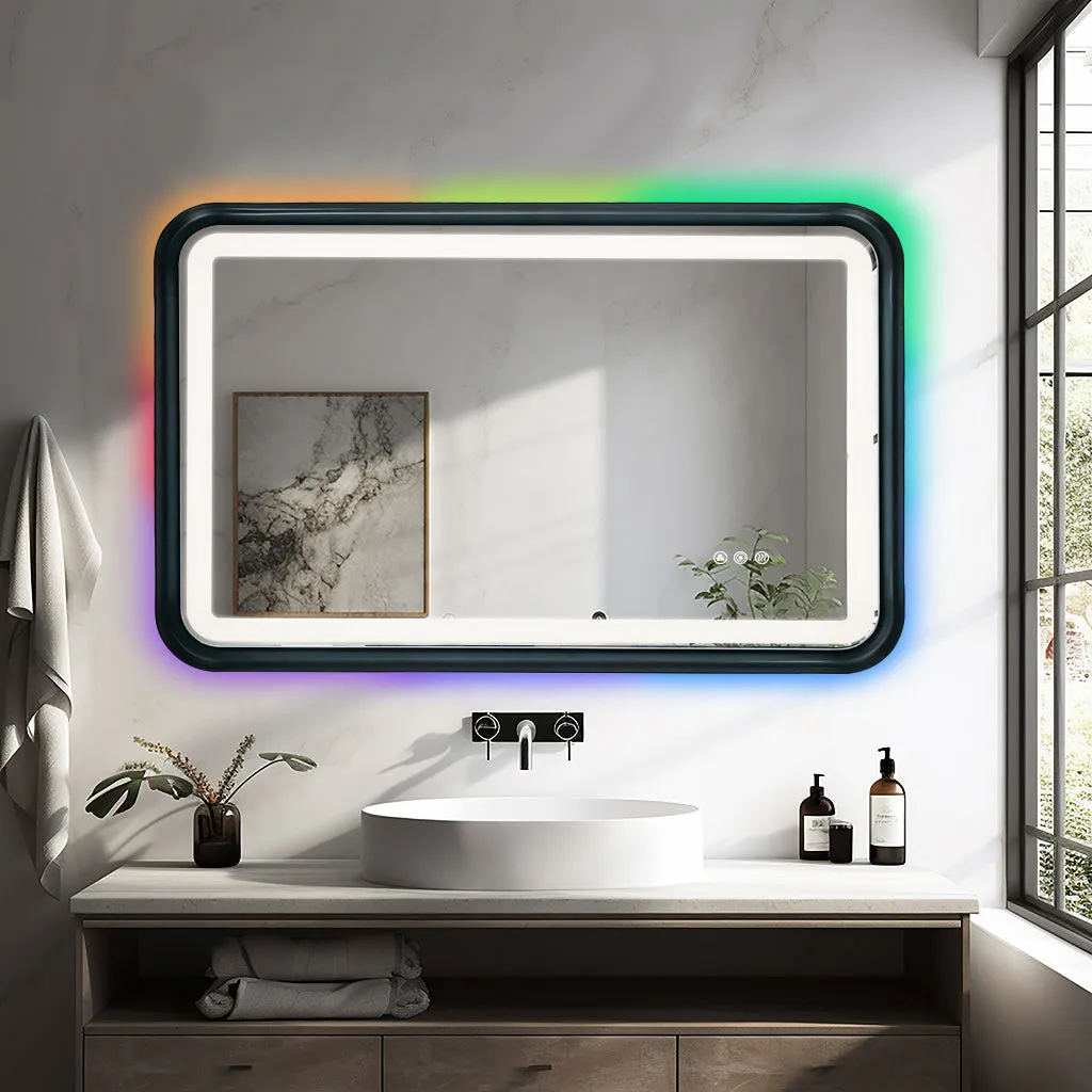 Black Belved Framed Bathroom Mirror With Lights, Led Mirror For Dual Front & Back Lights, Defogging & Memory