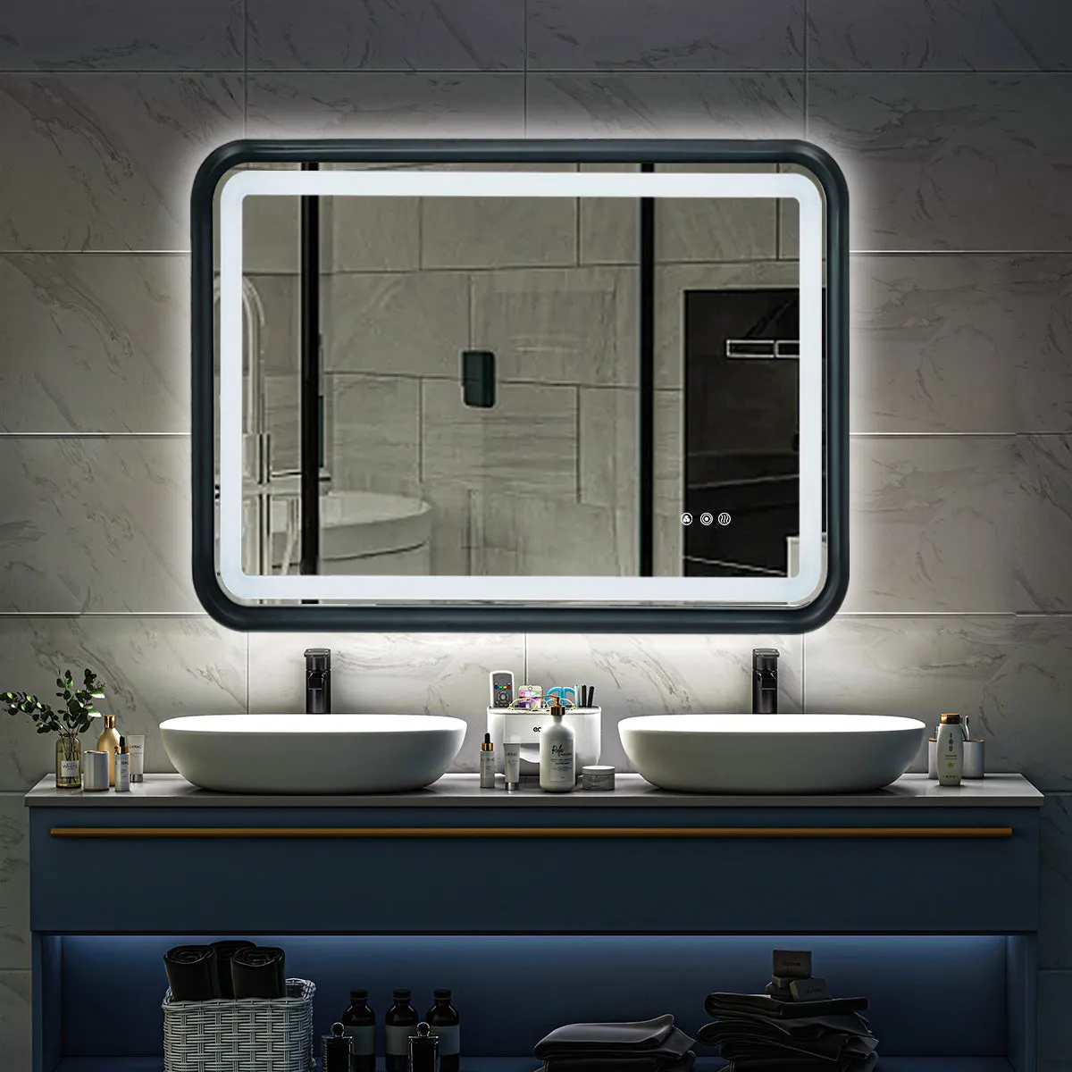 Black Belved Framed Bathroom Mirror With Lights, Led Mirror For Dual Front & Back Lights, Defogging & Memory