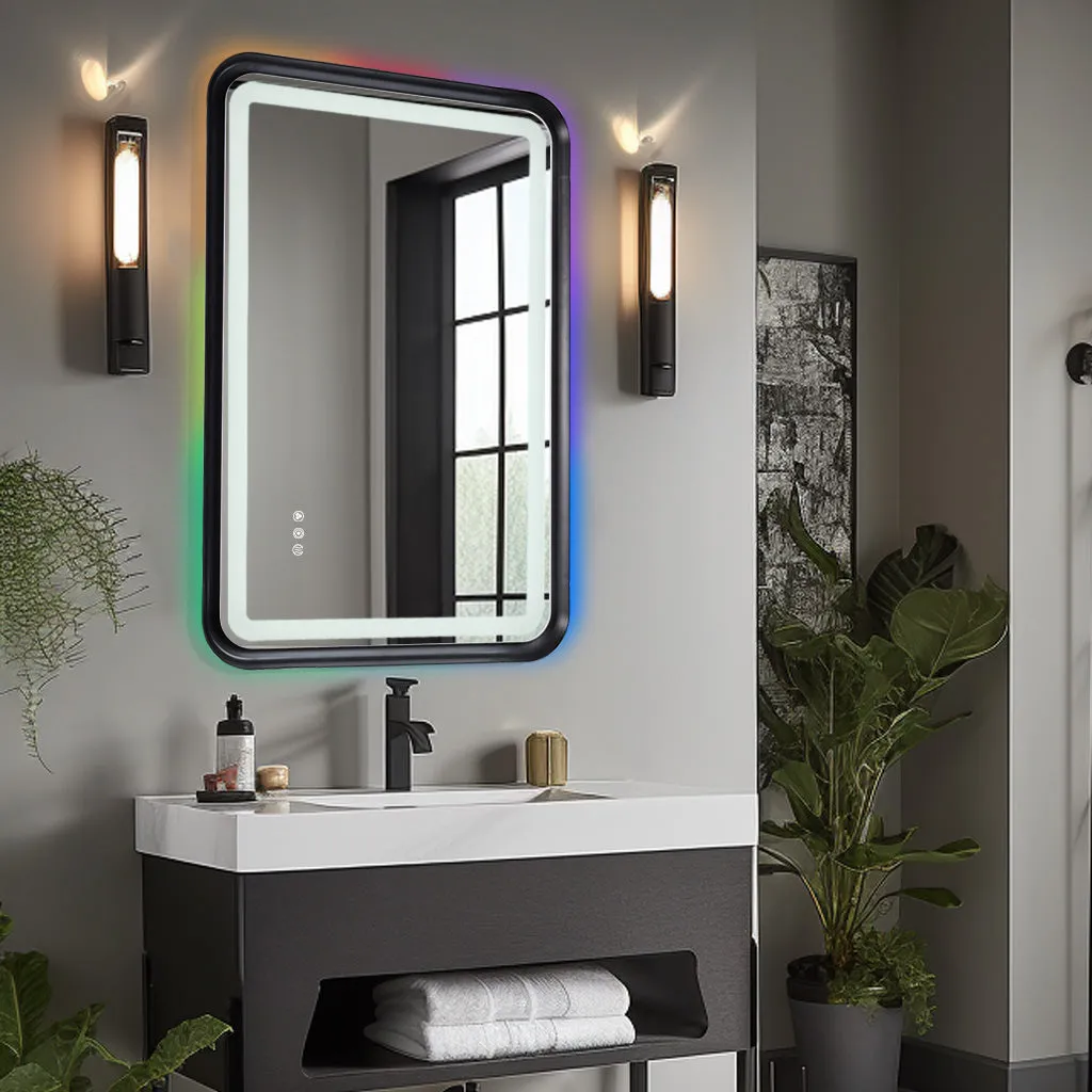 Black Belved Framed Bathroom Mirror With Lights, Led Mirror For Dual Front & Back Lights, Defogging & Memory